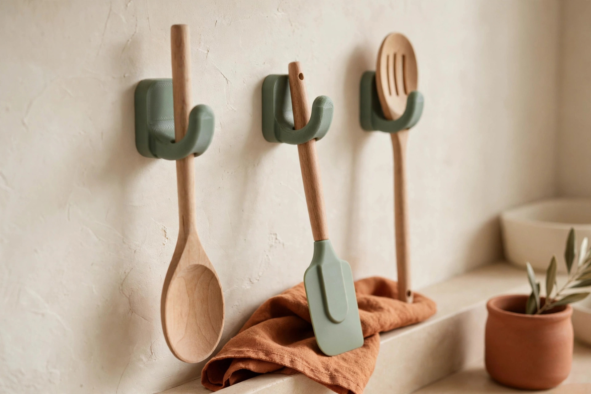 Custom 3D-printed hooks holding kitchen utensils on a wall rail
