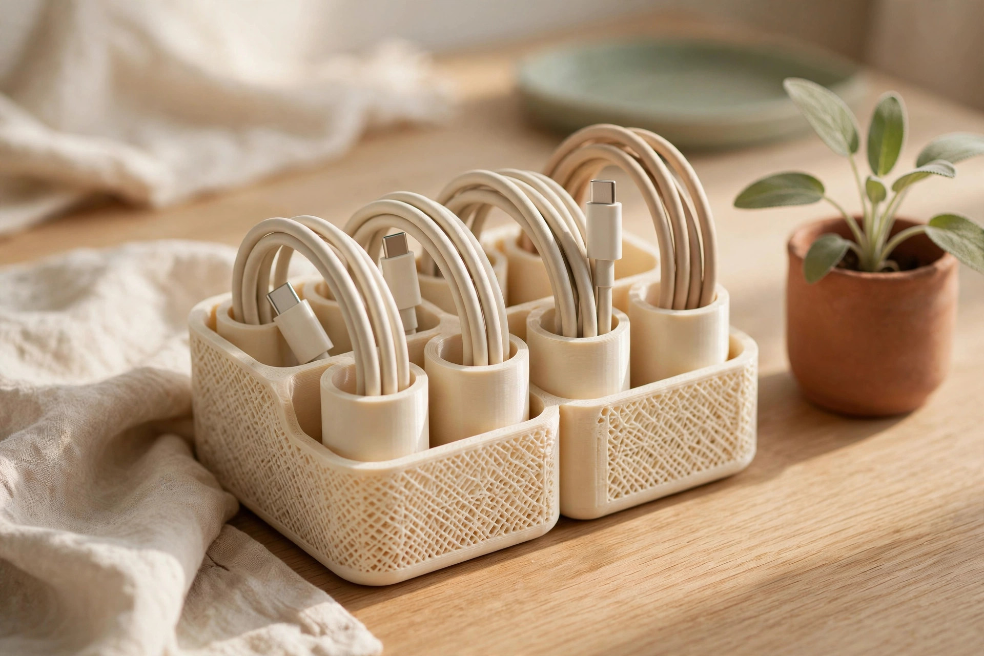 3D-printed cable and charger organizer keeping cords tidy on a small desk