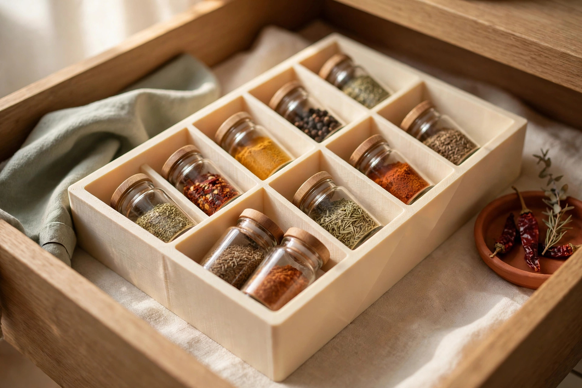 3D-printed drawer dividers organizing kitchen utensils in a narrow drawer