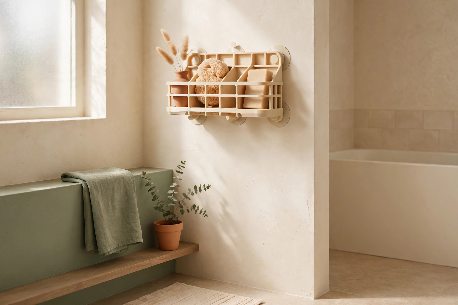Custom 3D-printed bathroom and shower organizer pieces fitted around fixtures