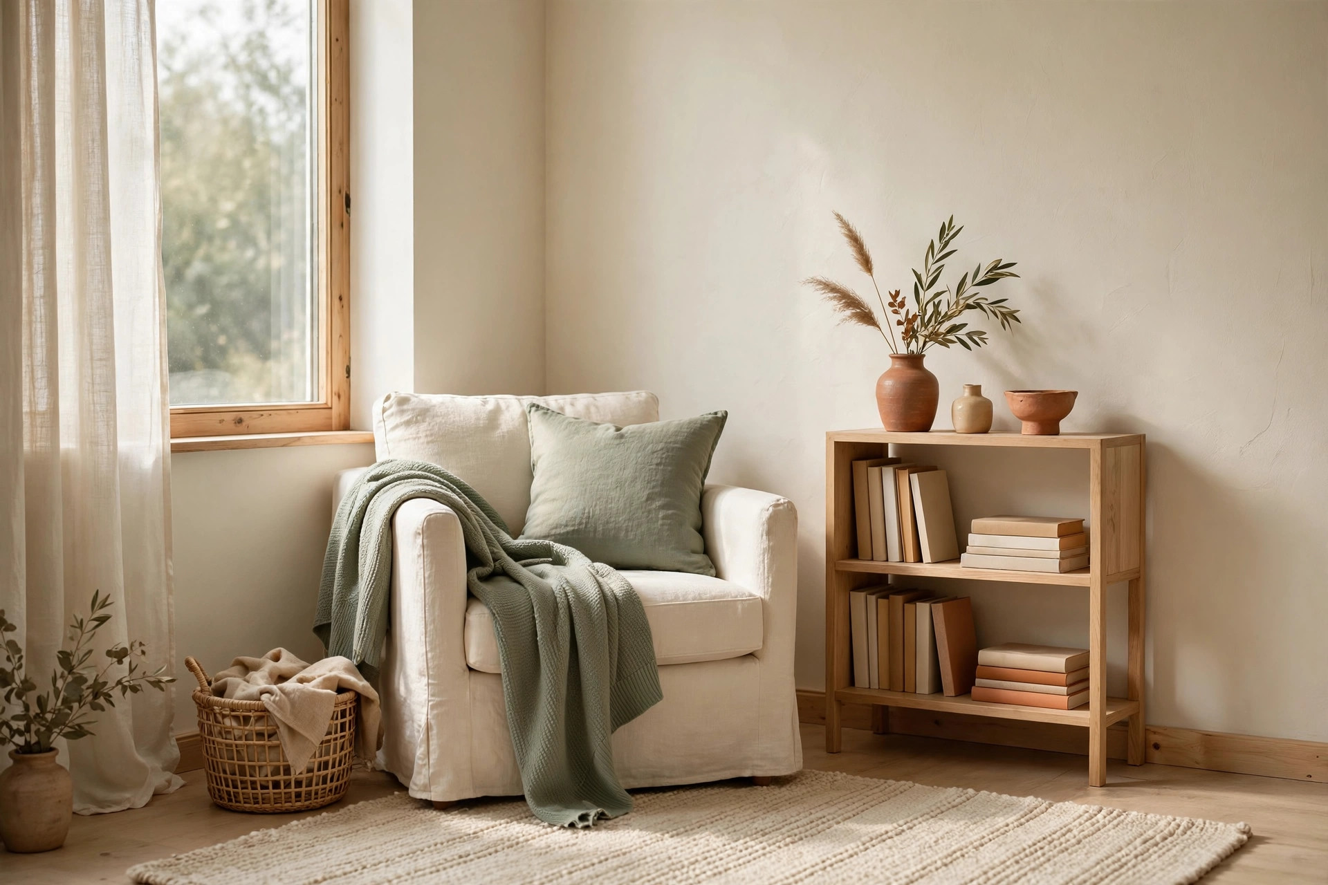 Warm, organized home reading corner