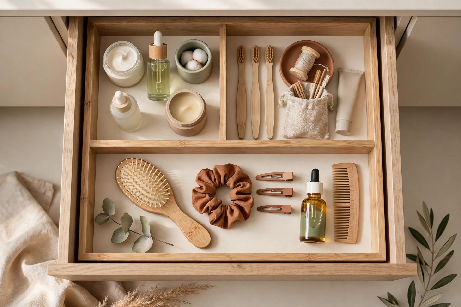 Bathroom drawer organized with bamboo dividers
