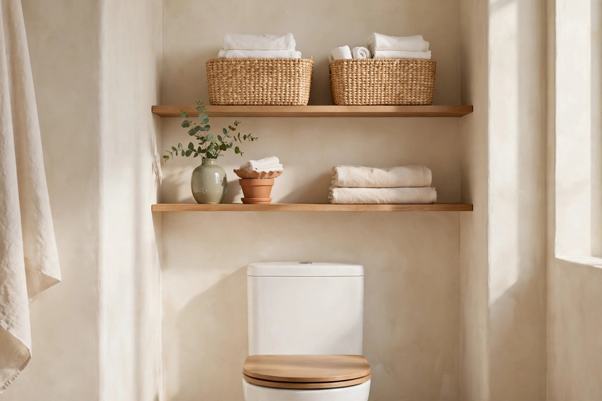 Above-toilet open shelving with baskets and folded towels