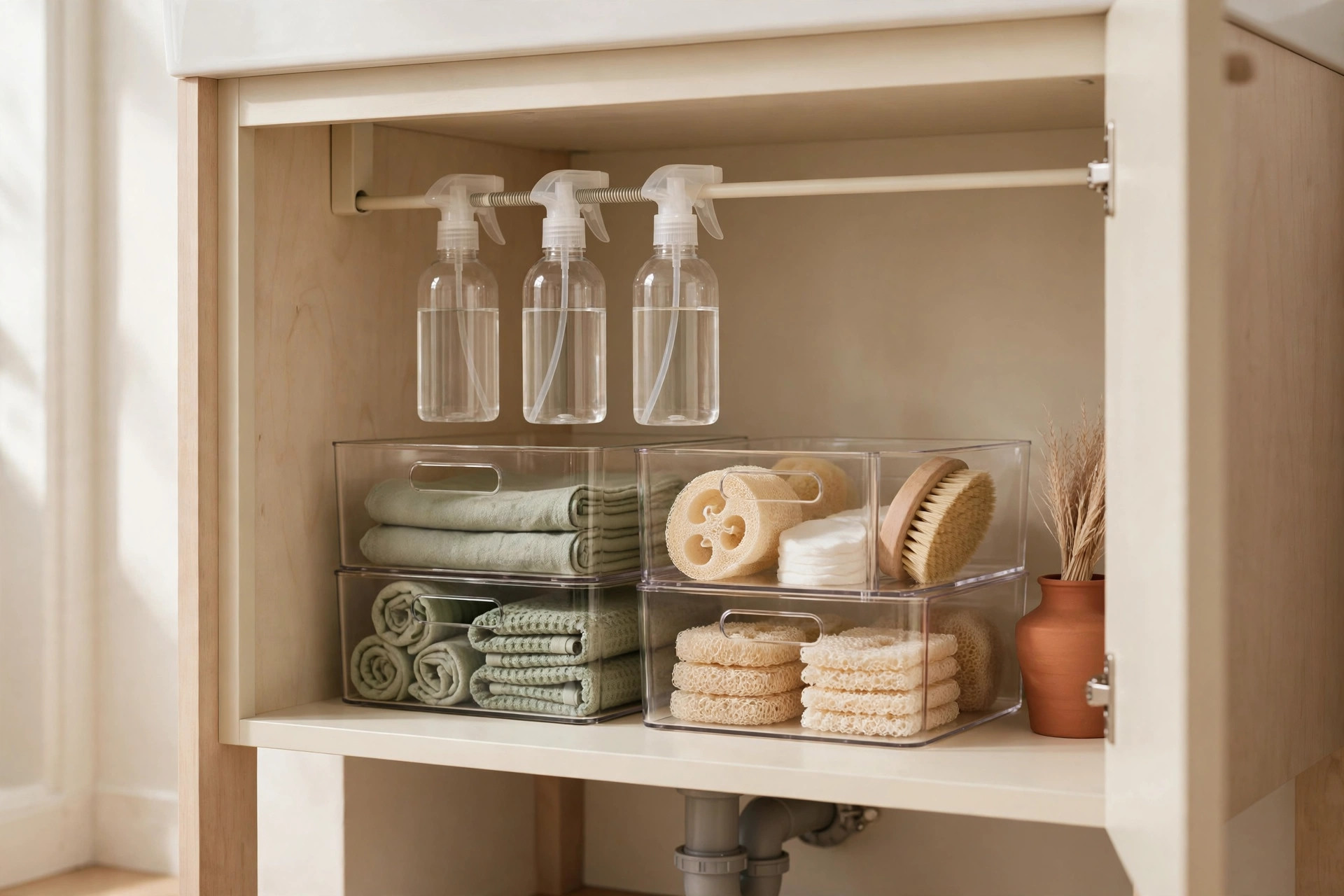 Under-sink cabinet with stackable bins organized around pipes