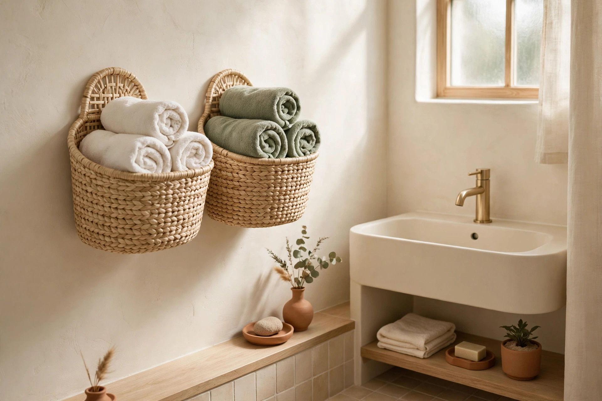 Rolled towels in woven baskets mounted on a bathroom wall