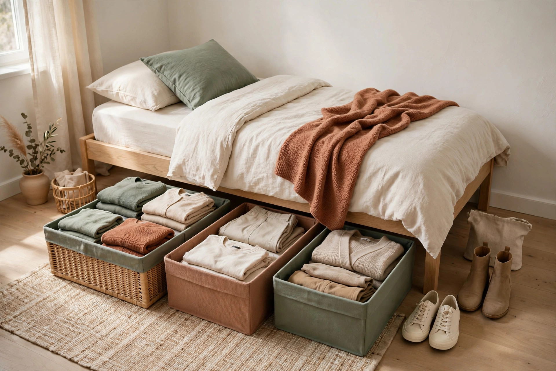 Under-bed rolling drawers with lids organizing folded clothes in a small bedroom