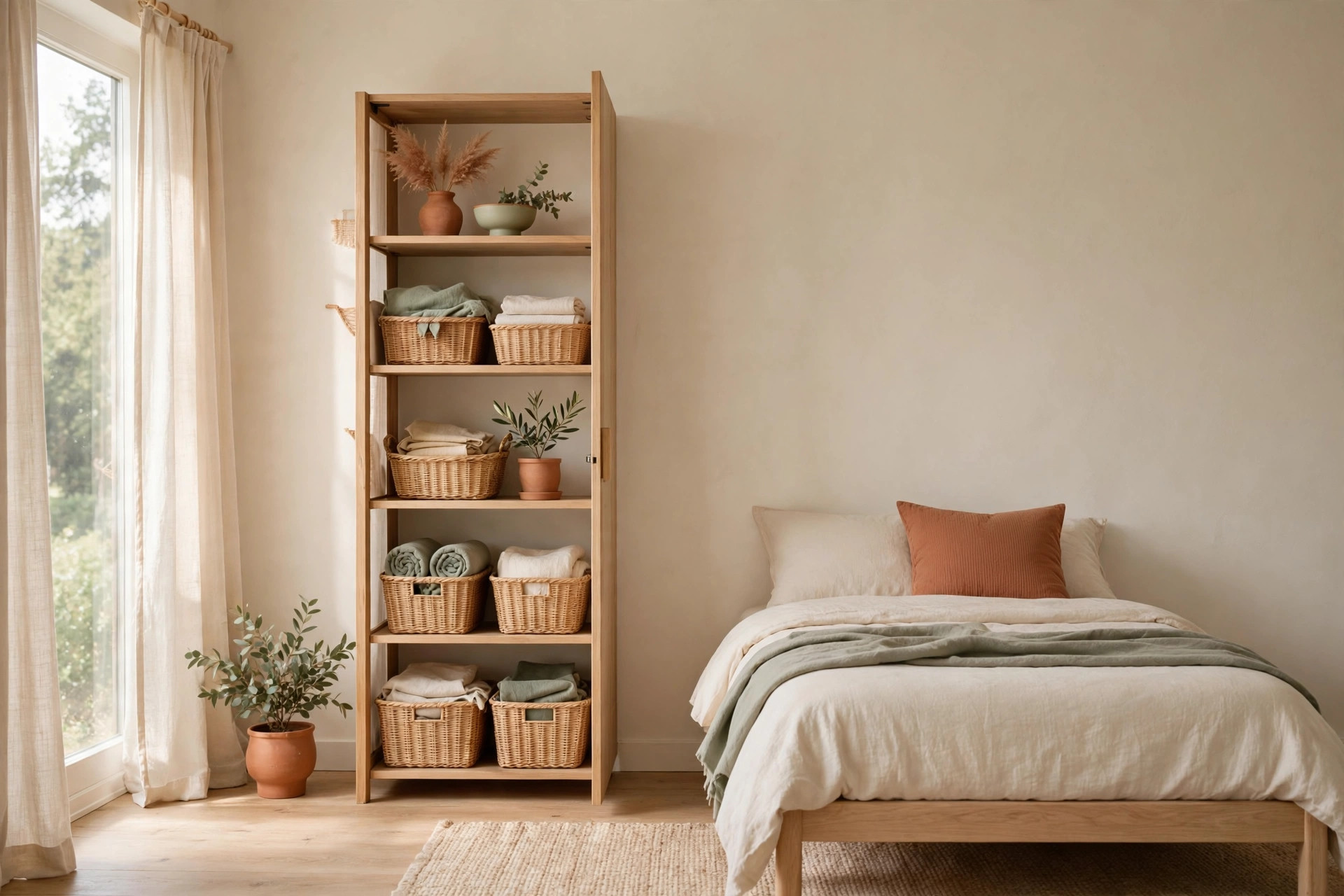 Organized no-closet bedroom with dust covers and garment bags protecting open storage