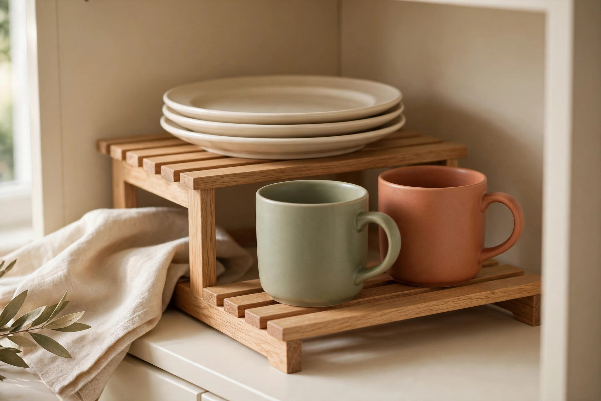 Uniform stackable containers of dry goods arranged neatly on a cabinet shelf