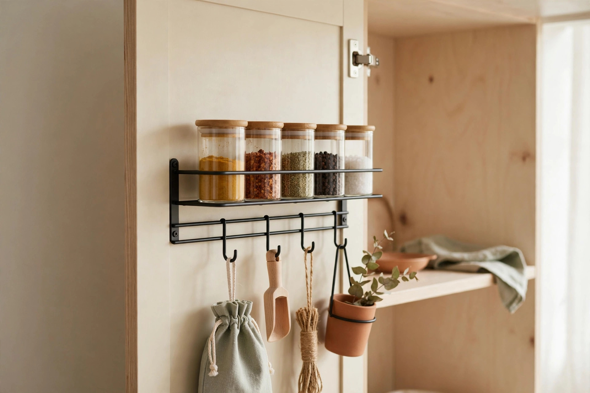 Close-up of labeled shelf edges inside an organized kitchen cabinet