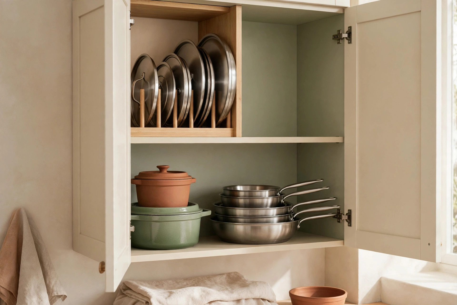 Pots and pans stored upright with lids separated in an organized cabinet