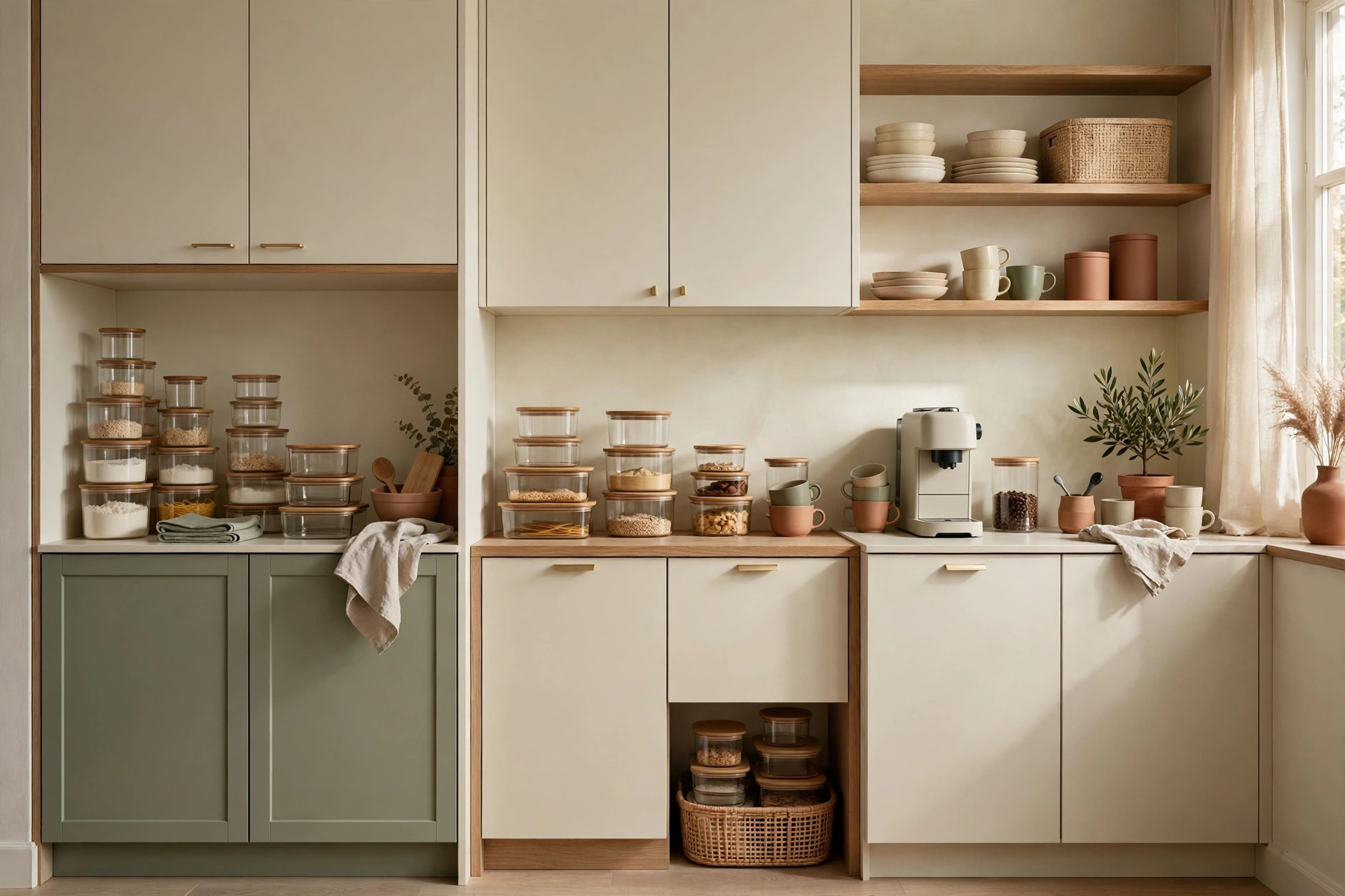 Kitchen cabinet organized into cooking, baking, and coffee zones