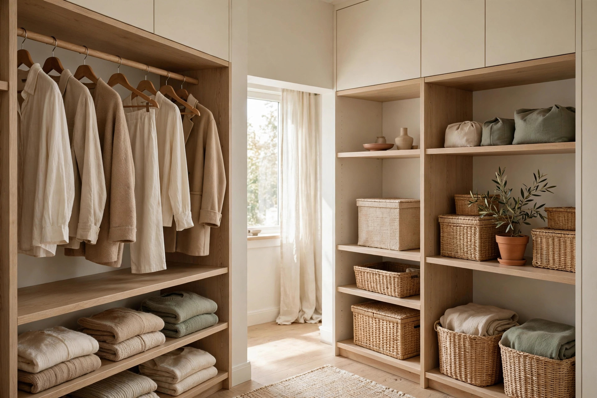Minimalist walk-in closet with warm neutral capsule wardrobe hung neatly on uniform wooden hangers, linen drawer pull-outs, and warm LED strip illumination under floating shelves