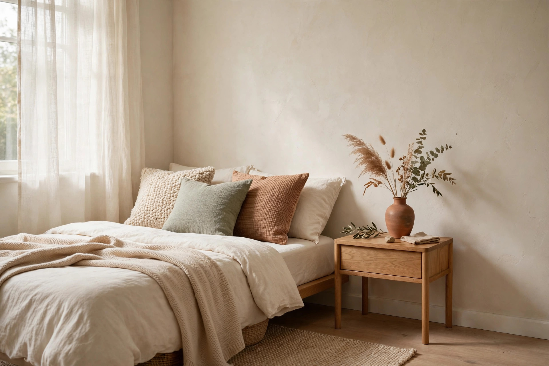 Serene Japanese-Scandinavian wabi-sabi living room with lime-washed plaster walls, low profile travertine coffee table, linen pillows, and dried botanical arrangement