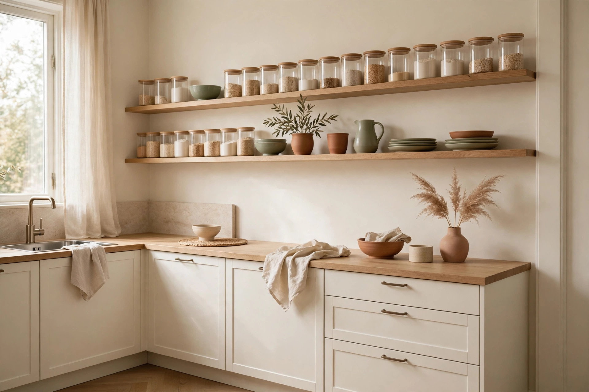 Serene walk-in pantry organized with uniform amber glass jars, bamboo lids, woven seagrass storage bins, and labelled ceramic spice containers on warm oak shelves