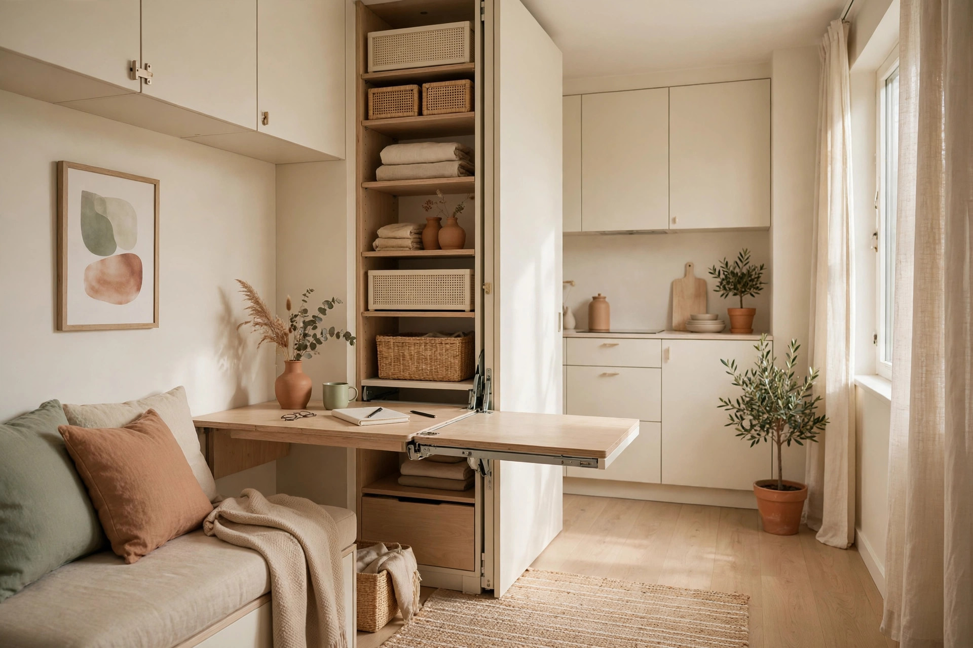 Intelligent micro-apartment living area with sliding fluted pocket doors, drop-leaf desk table, and soft neutral linen drapery, warm daylight and minimal Scandinavian decor