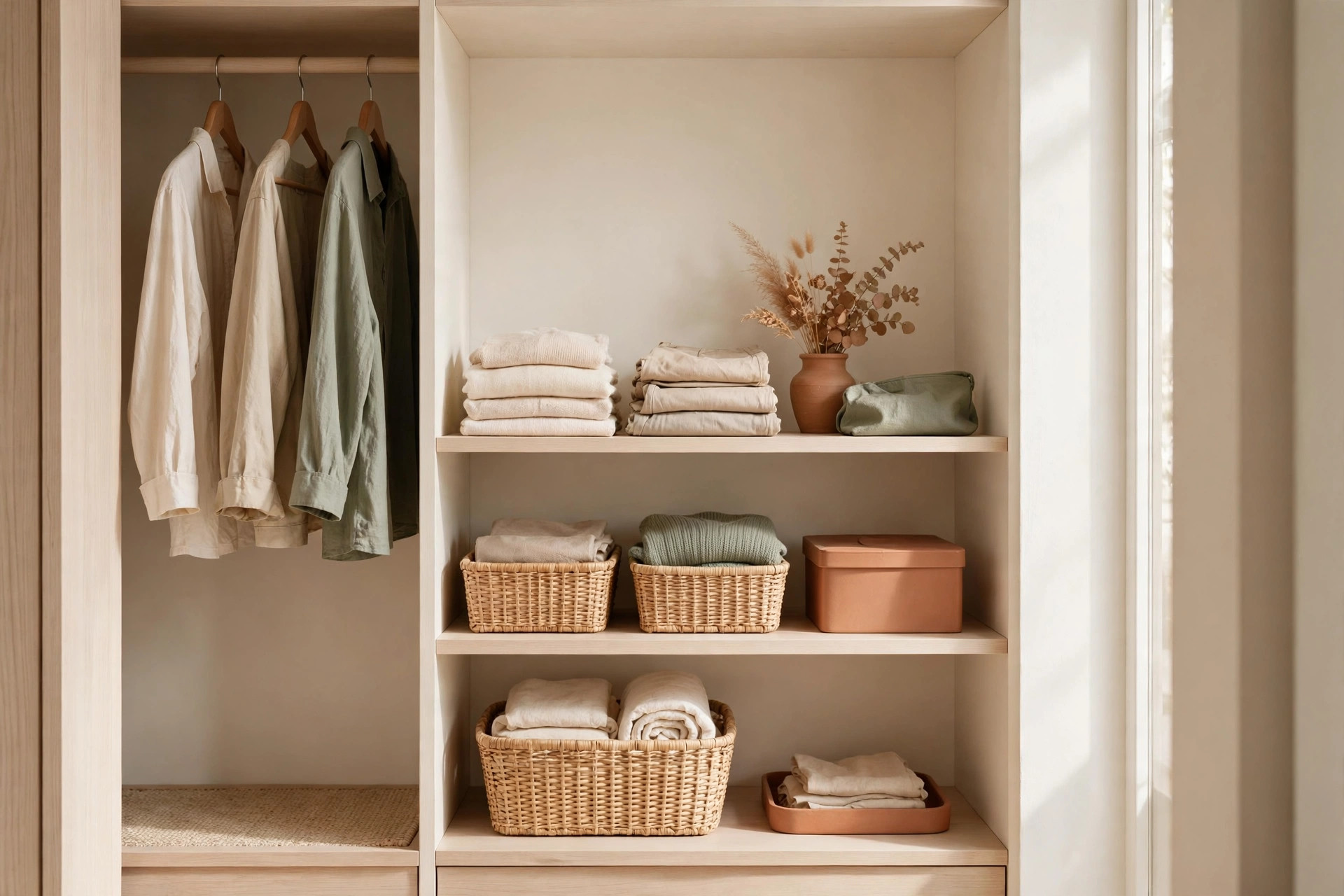 Tidy closet with uniform hangers and labeled bins after decluttering