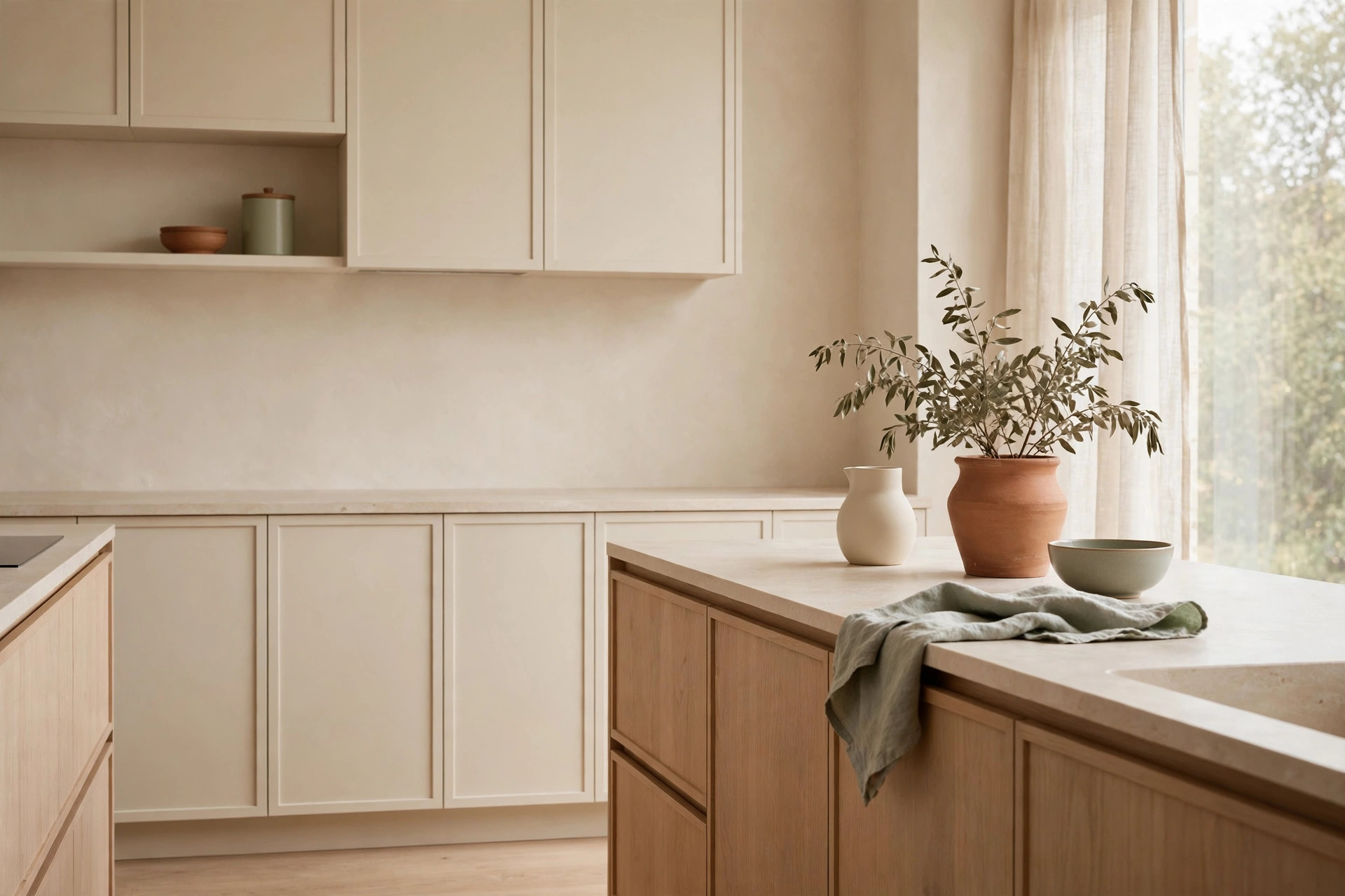 Decluttered kitchen counter and open cabinet with grouped jars and bins