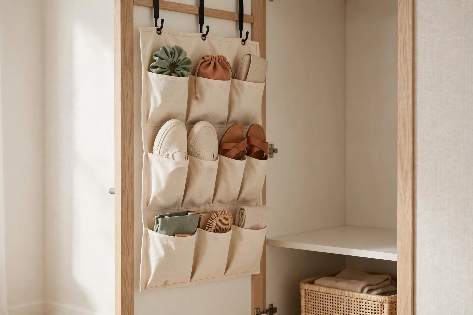 Over-the-door organizer with clear pockets holding shoes and accessories on the back of a closet door