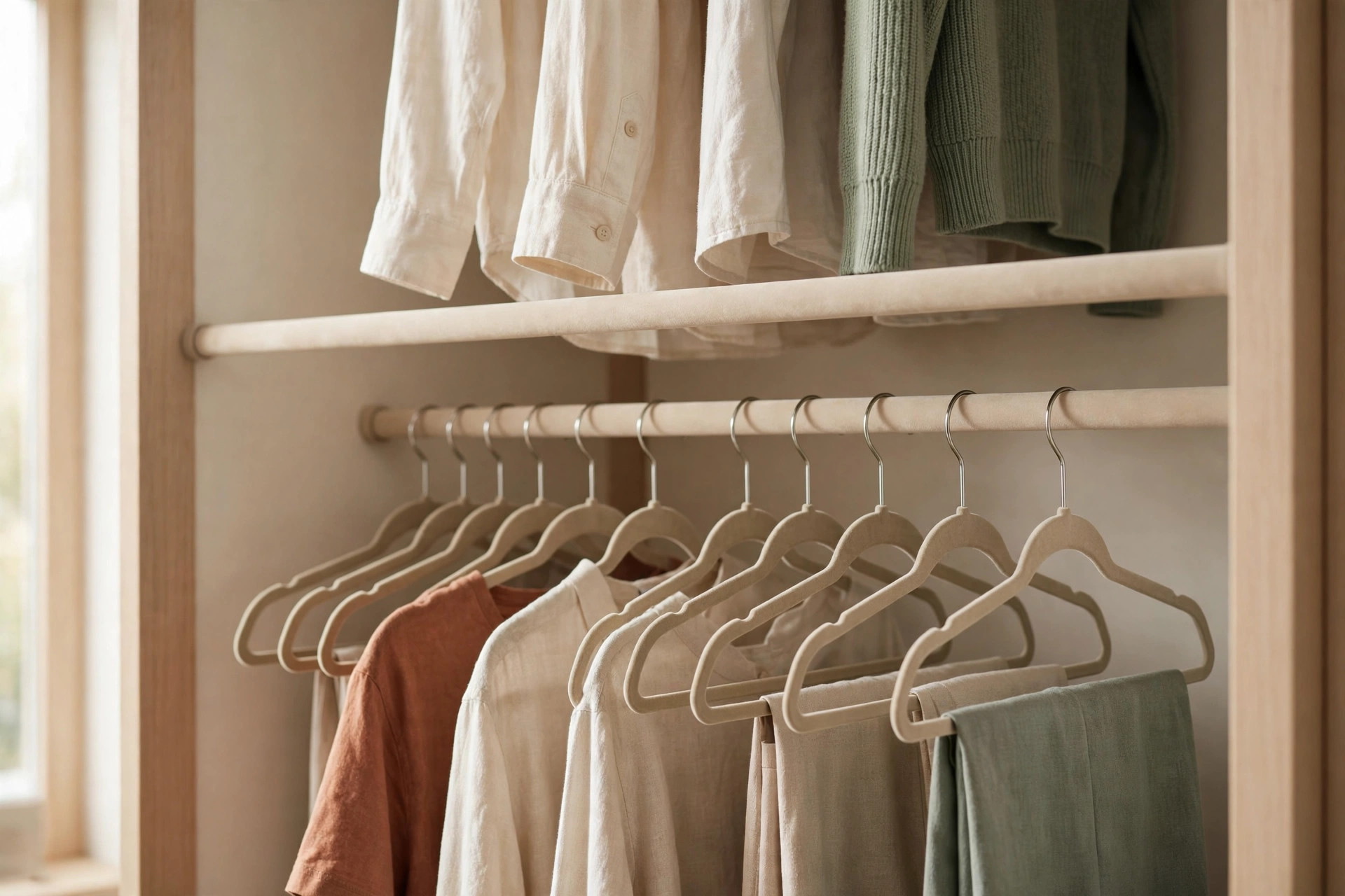Row of slim velvet hangers holding neatly spaced clothing on a closet rod