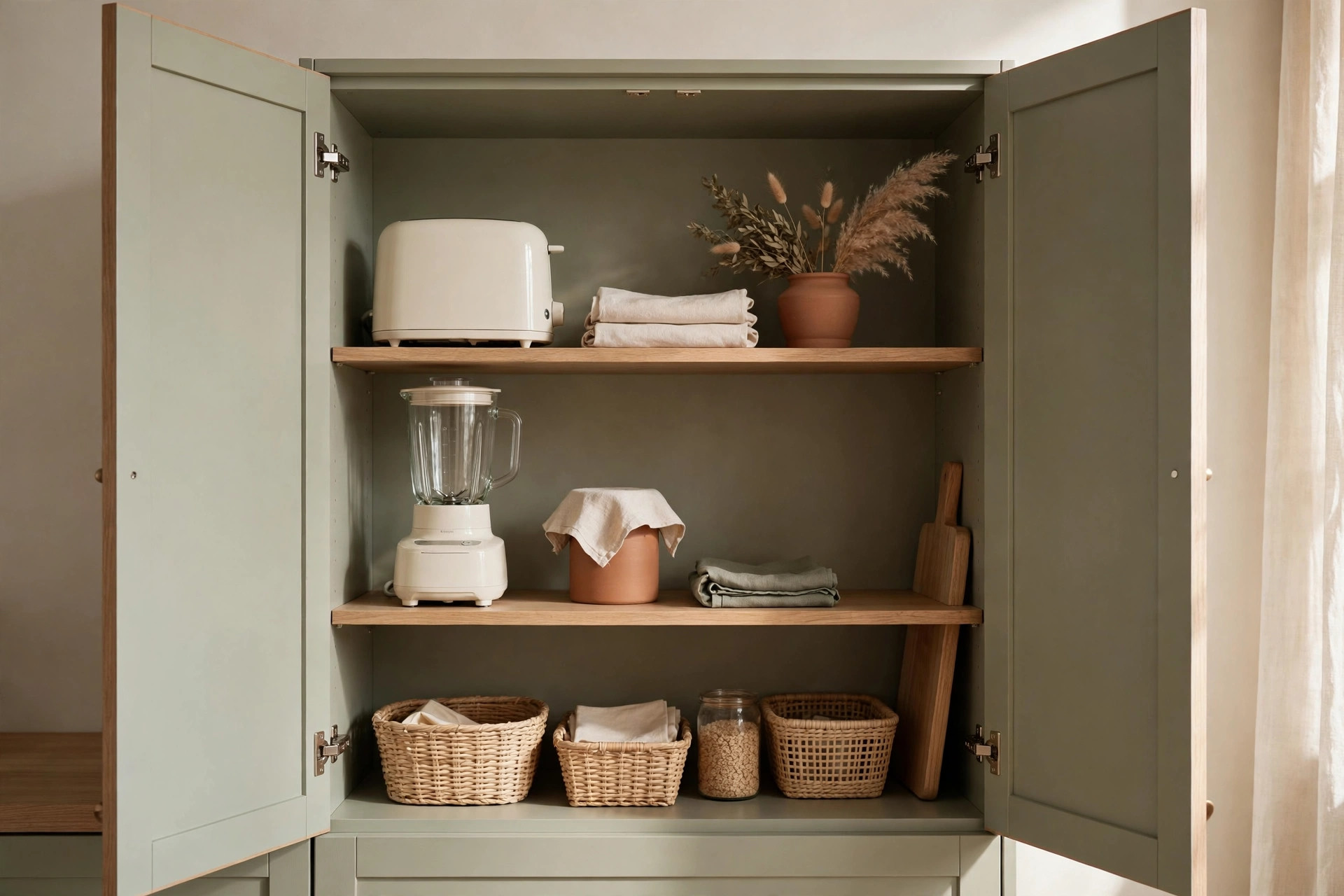 Small appliances stored inside a kitchen cabinet instead of on the counter