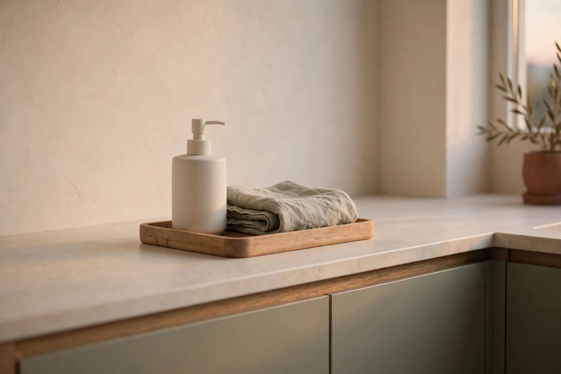 A small kitchen counter completely clear at end of day, with only a wooden tray holding a soap dispenser and folded cloth