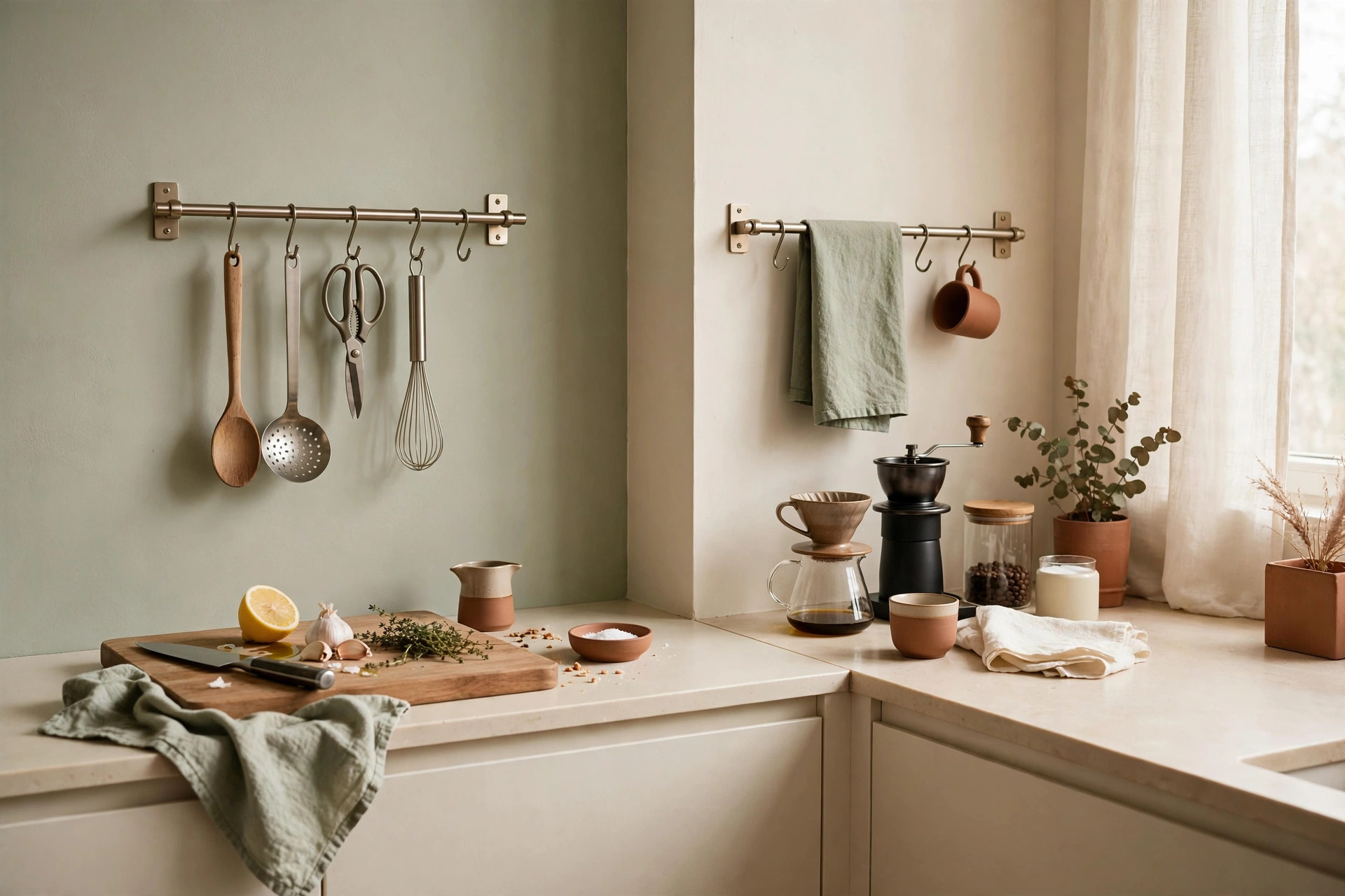 A small kitchen counter divided into coffee, cooking, and prep zones