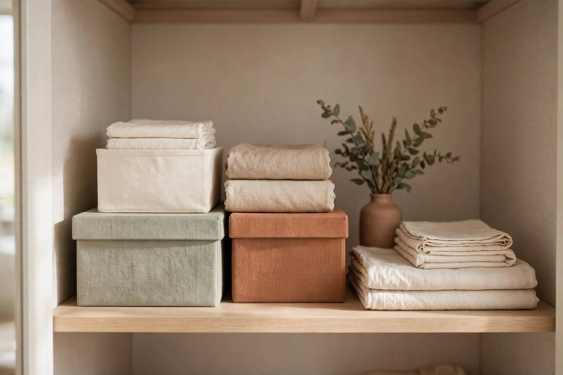 A cluttered closet with too many storage boxes bought before decluttering