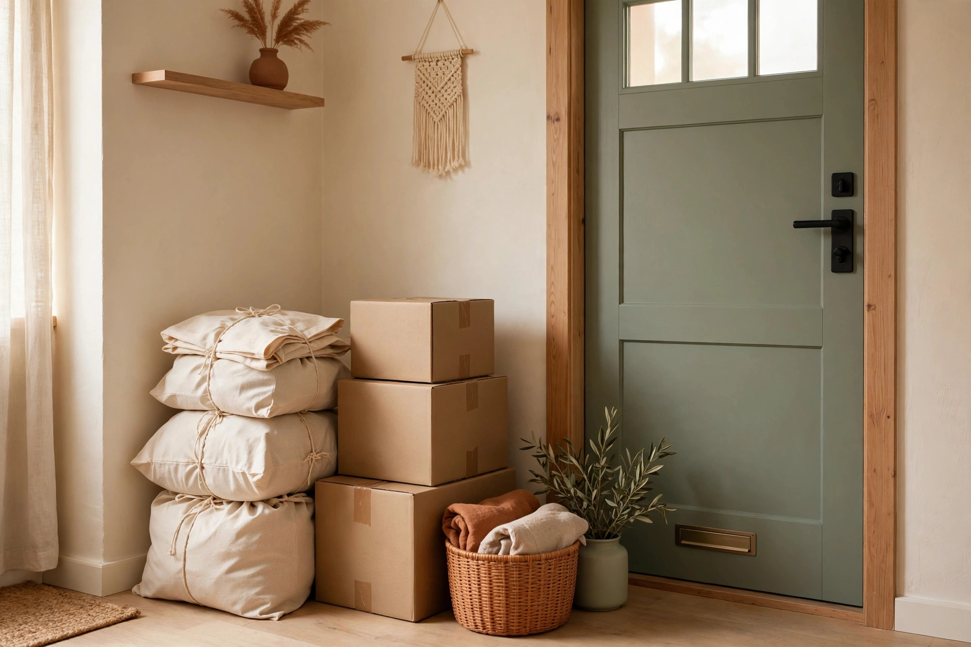 Donation bags and boxes stacked by a front door, ready to be dropped off