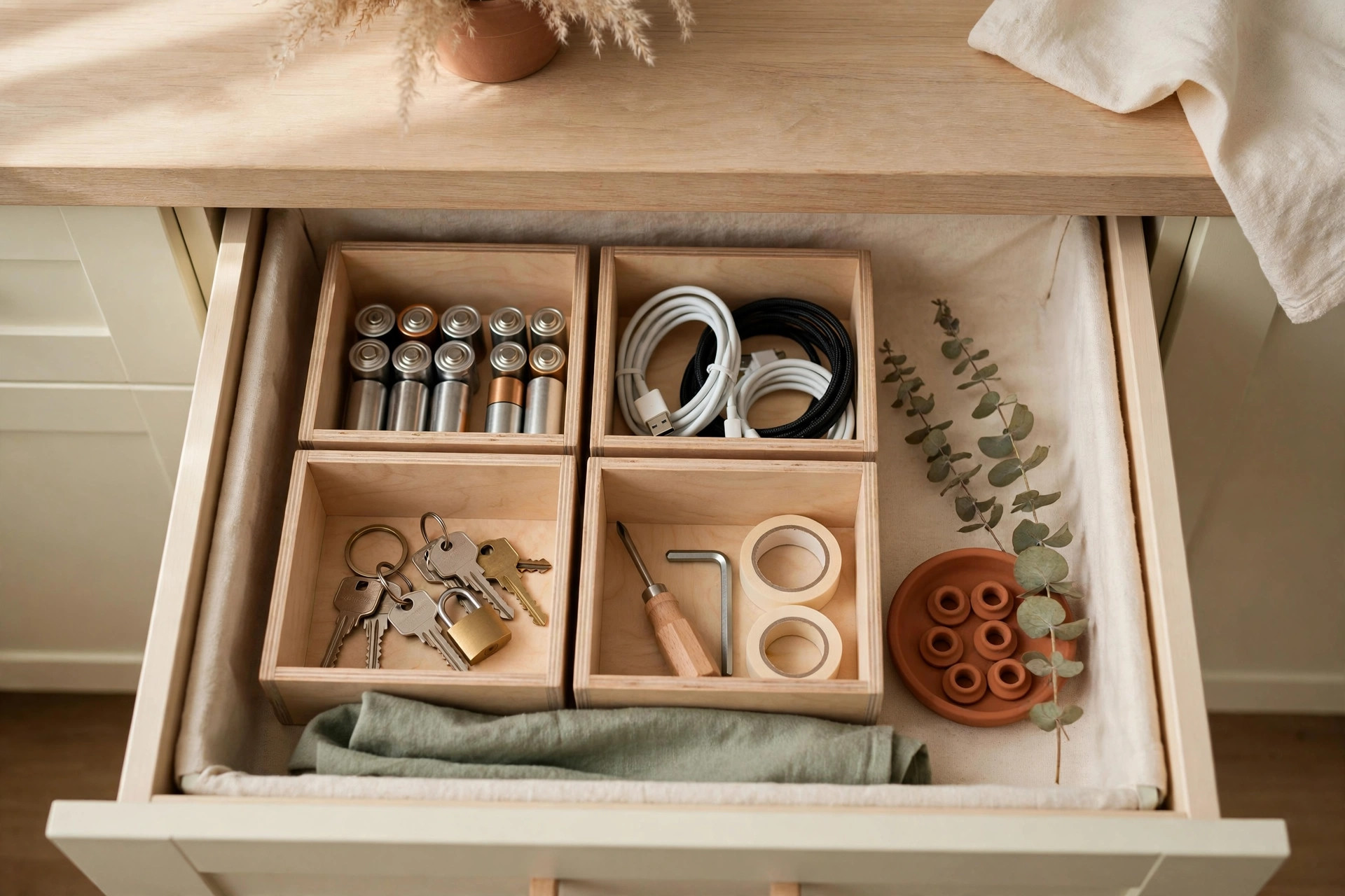 An open junk drawer being sorted with small bins, showing a tidy decluttering process