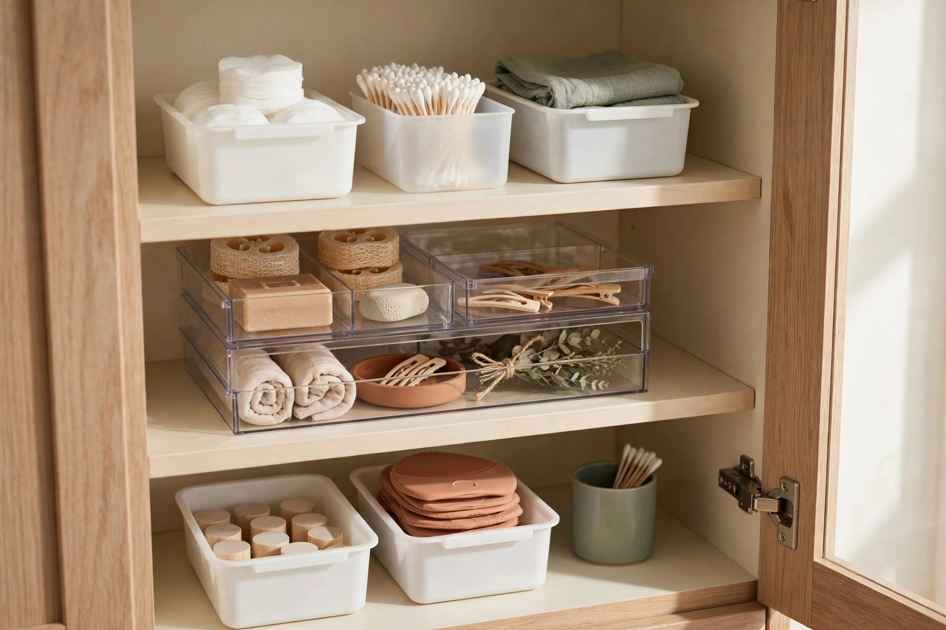 Clear stackable bins and handled baskets organizing a small bathroom vanity cabinet
