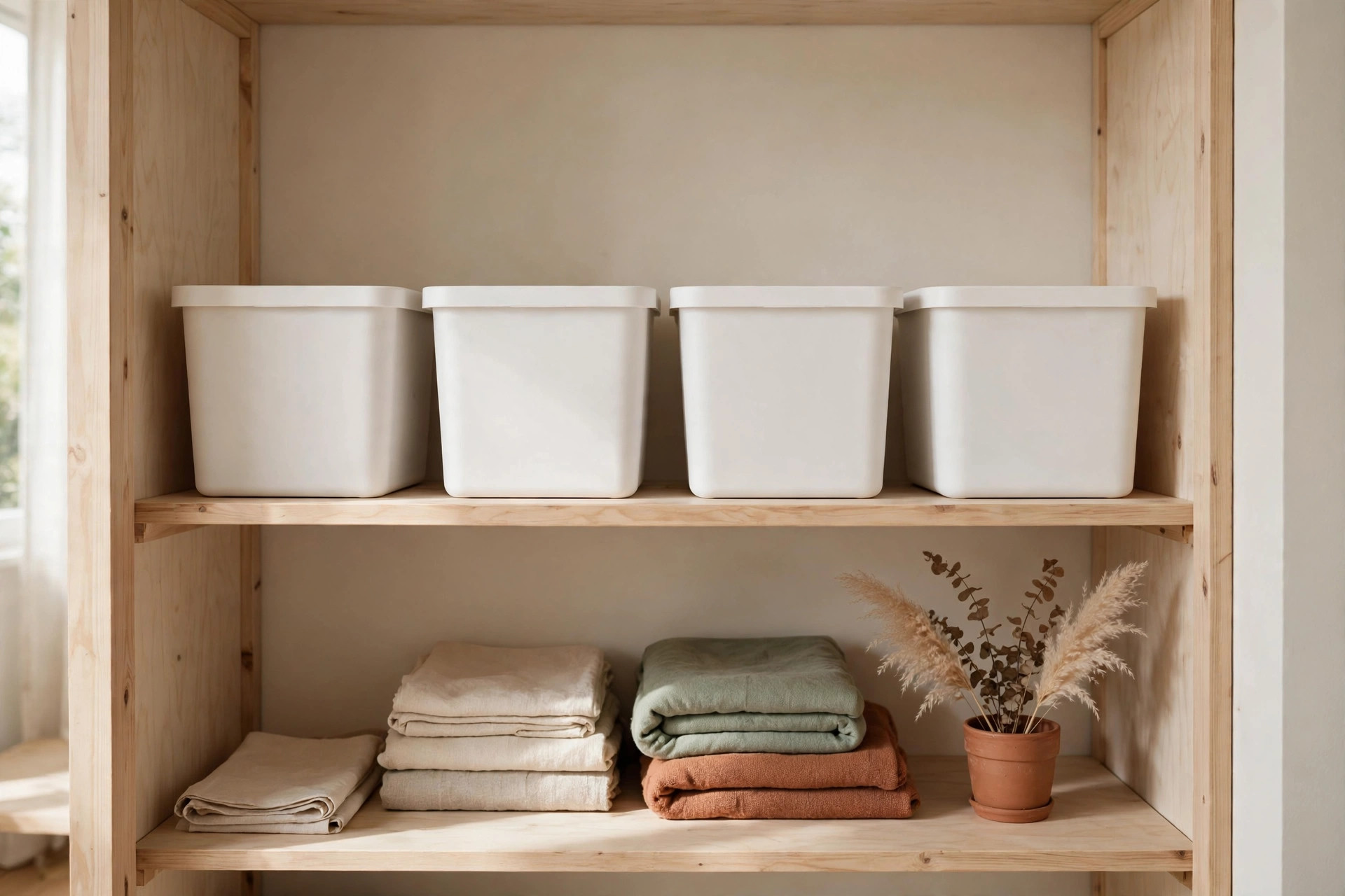 Clear pantry bins with labels on a kitchen shelf next to matching canisters