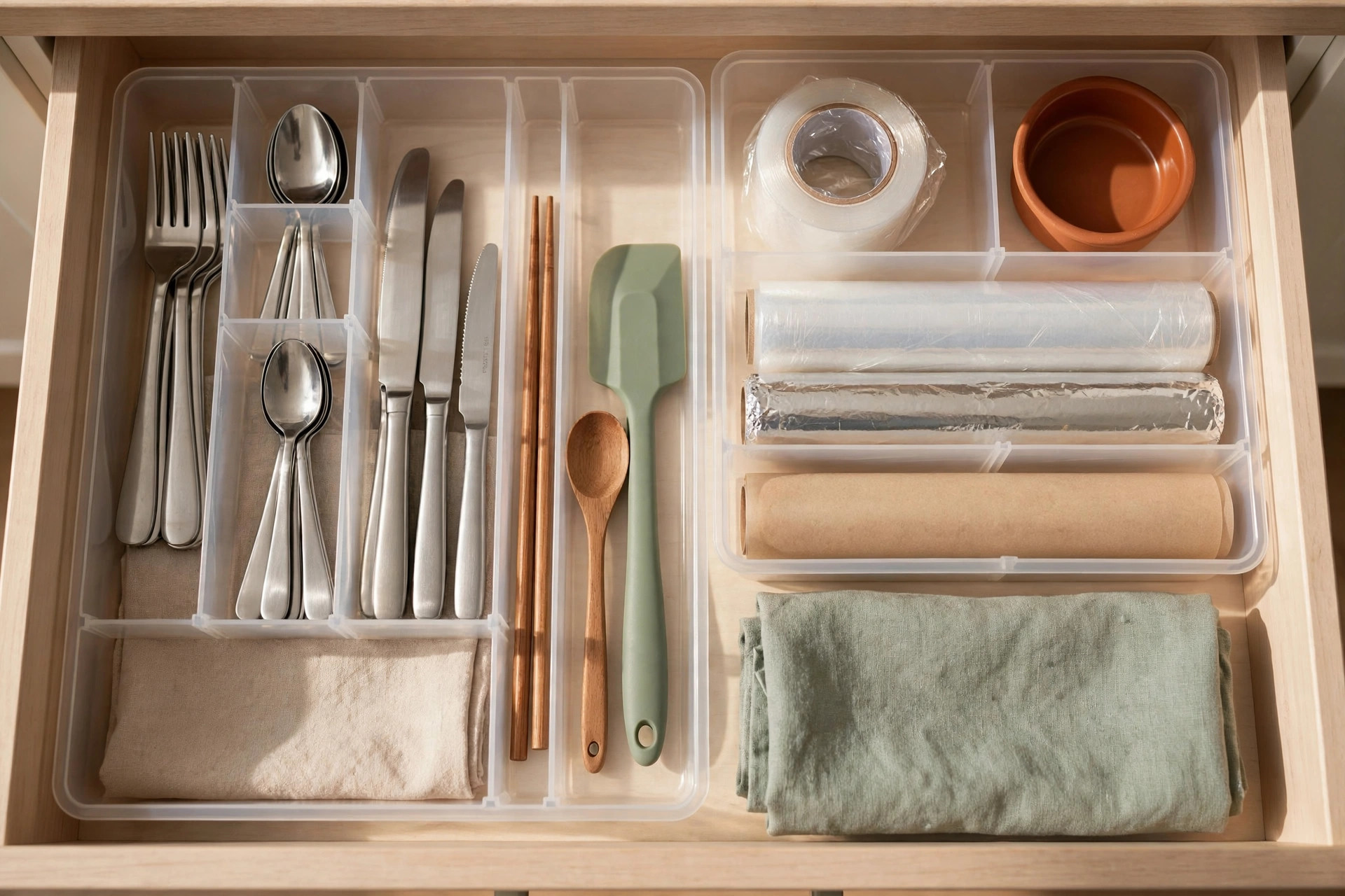 Matching handled baskets and clear bins creating a uniform organized closet shelf