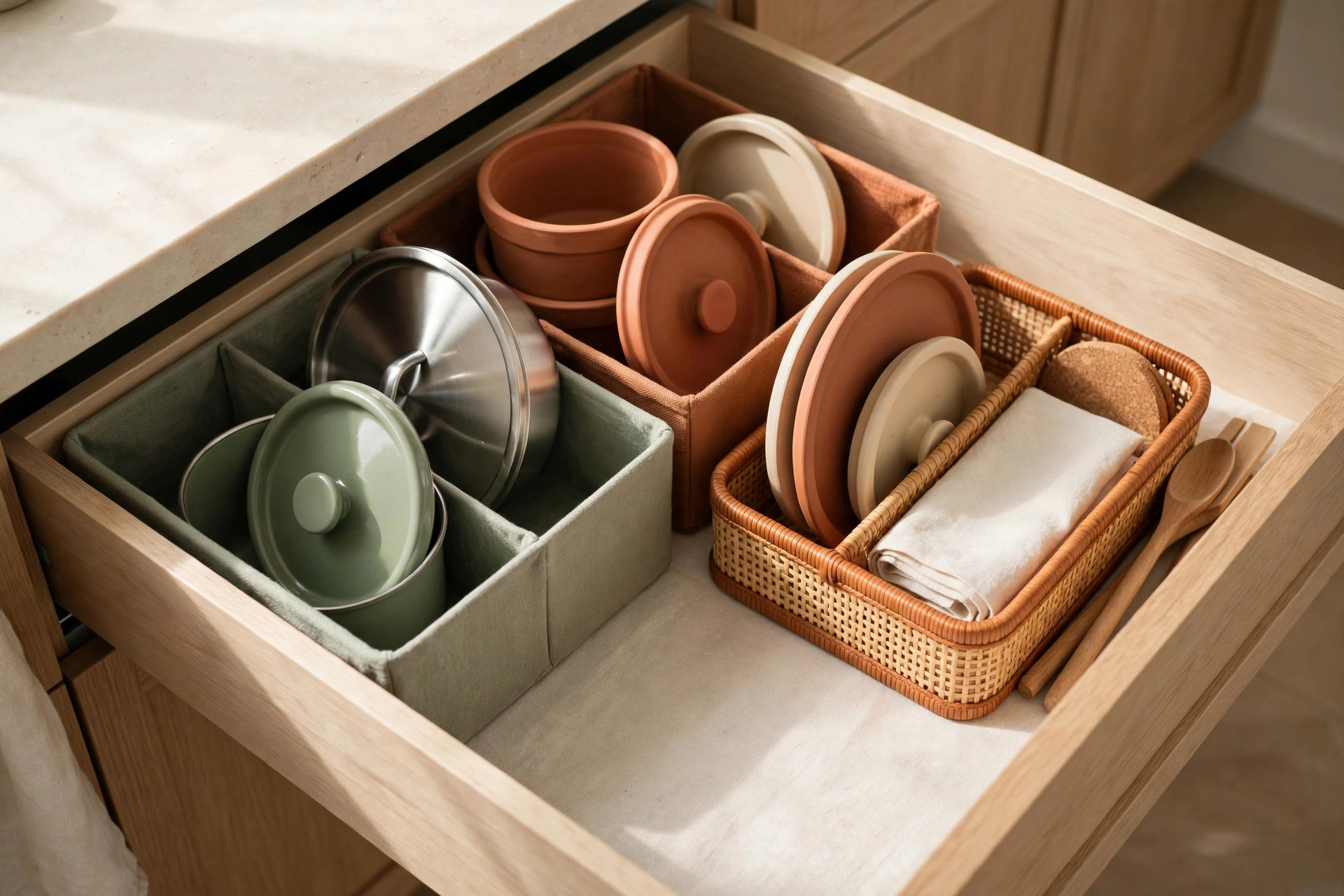 Deep kitchen drawer with bins organizing pots, lids, and food storage containers