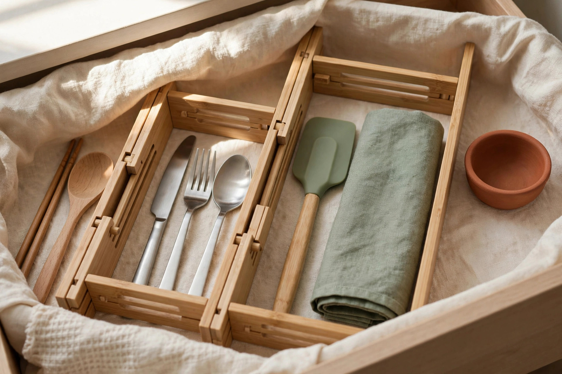 Close-up of adjustable bamboo dividers creating lanes in a narrow kitchen drawer