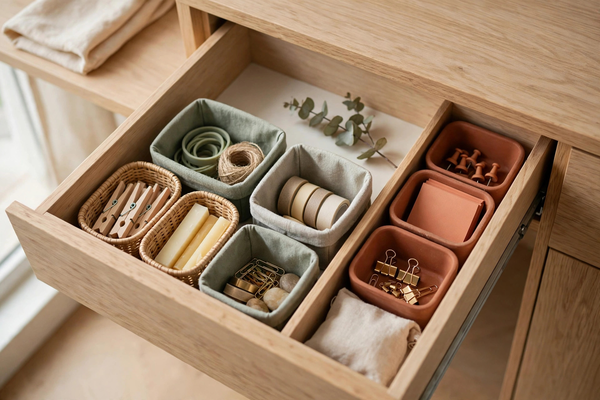 Transformed junk drawer with zone trays separating tools, batteries, and papers