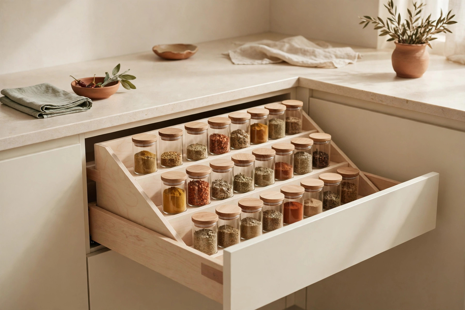 Kitchen drawer converted to angled spice storage with labels facing up