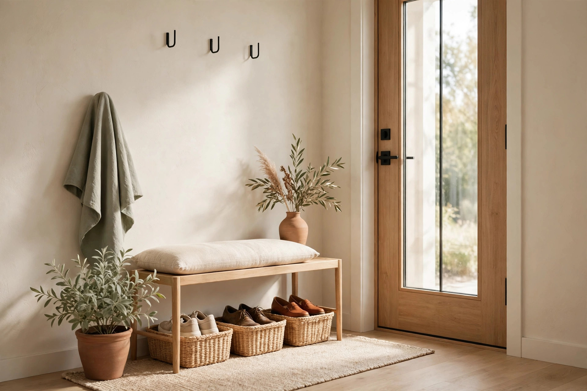 Slim entryway bench with woven baskets of shoes underneath