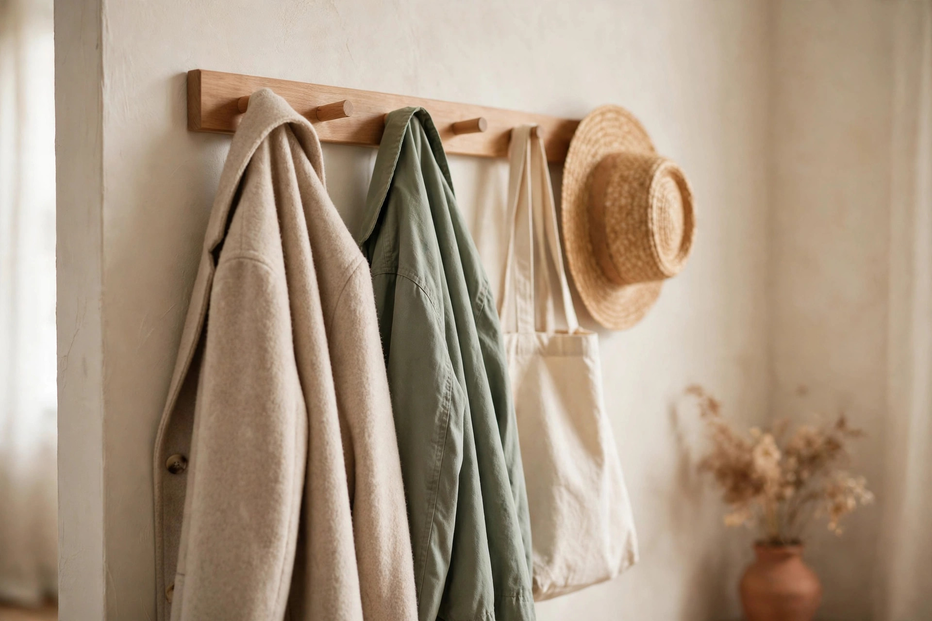Wall-mounted hooks and floating shelf in a small apartment entryway