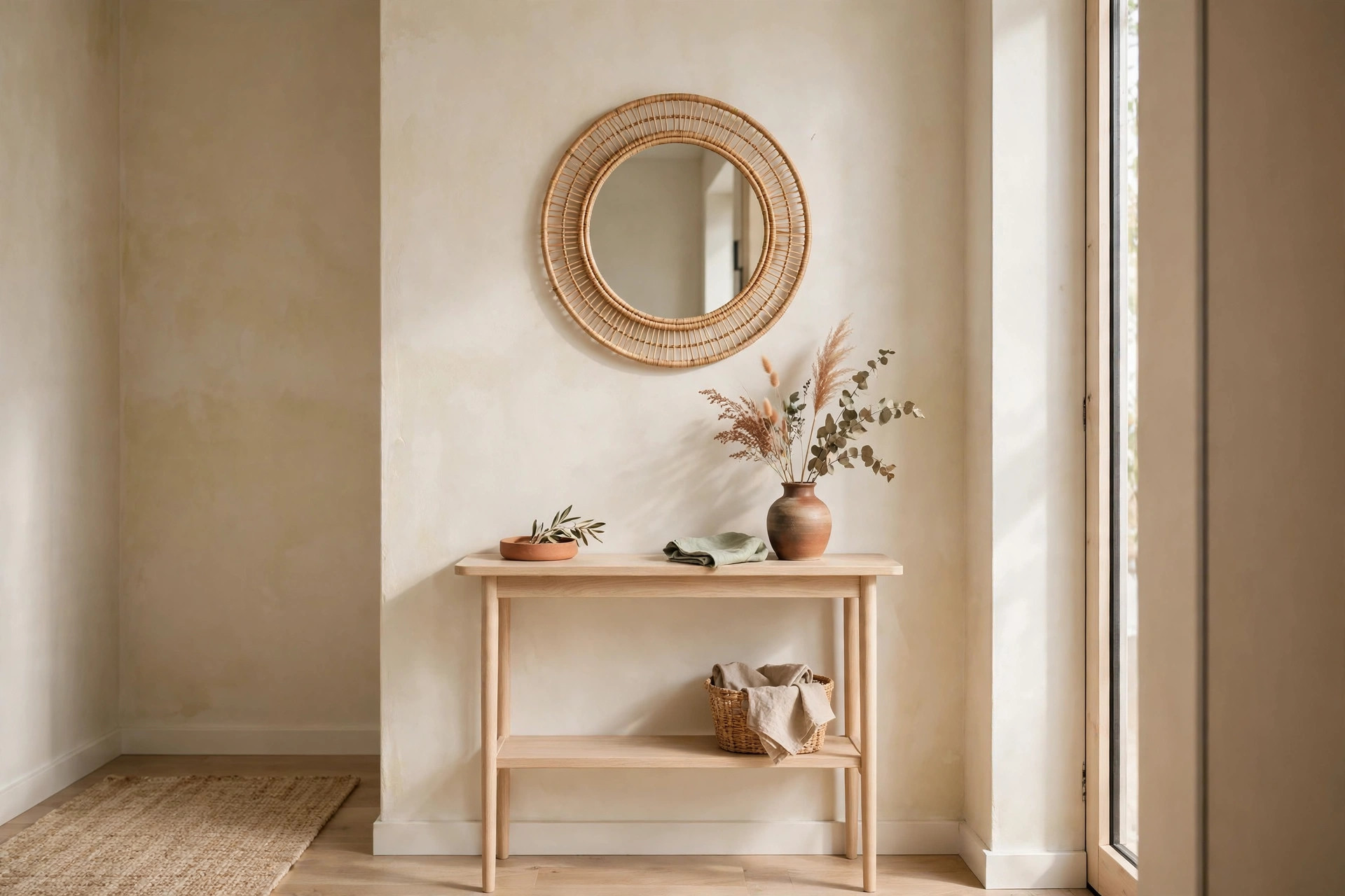 Round rattan mirror above a slim entryway console table