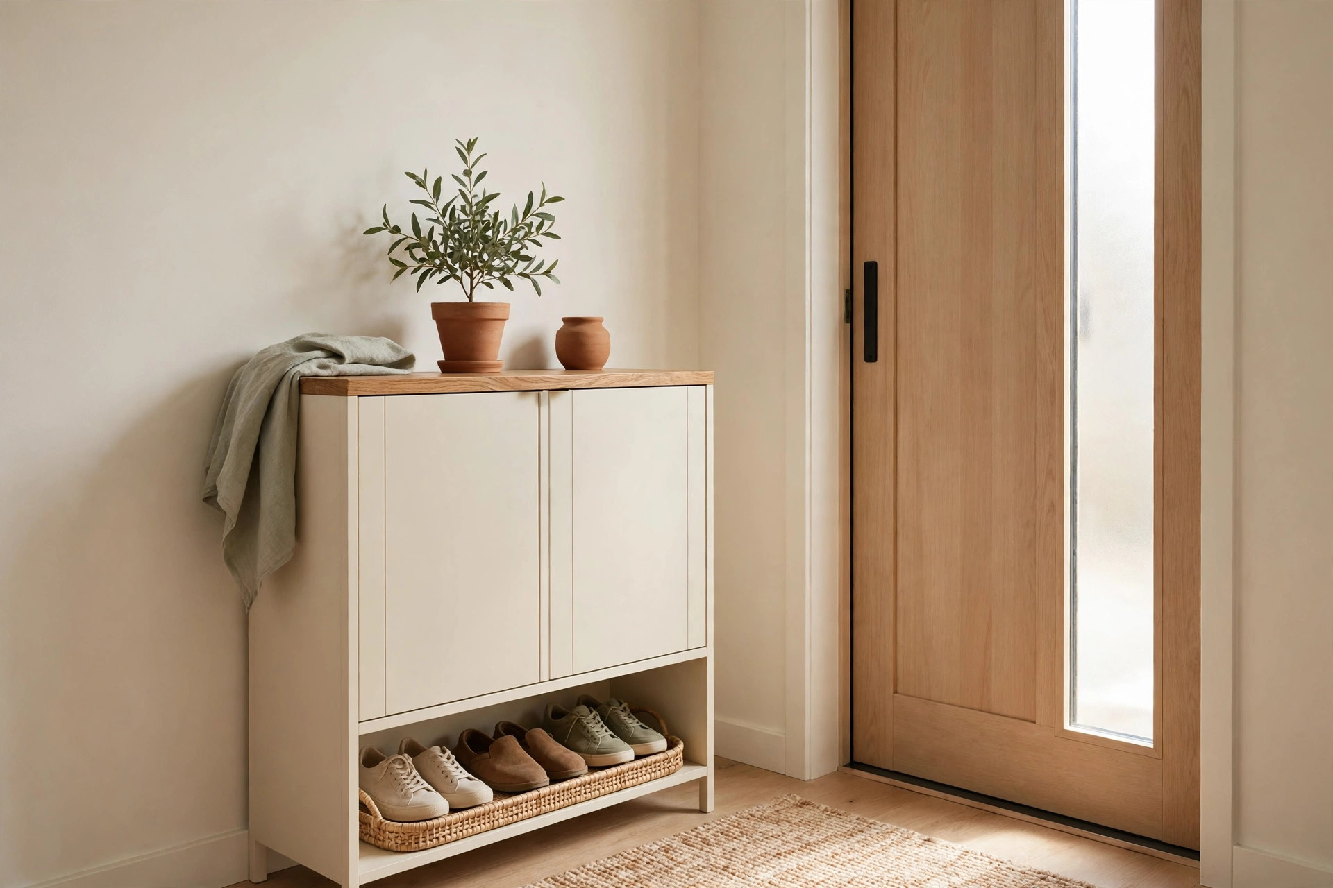 Slim shoe rack and boot tray containing shoes in a tiny entryway