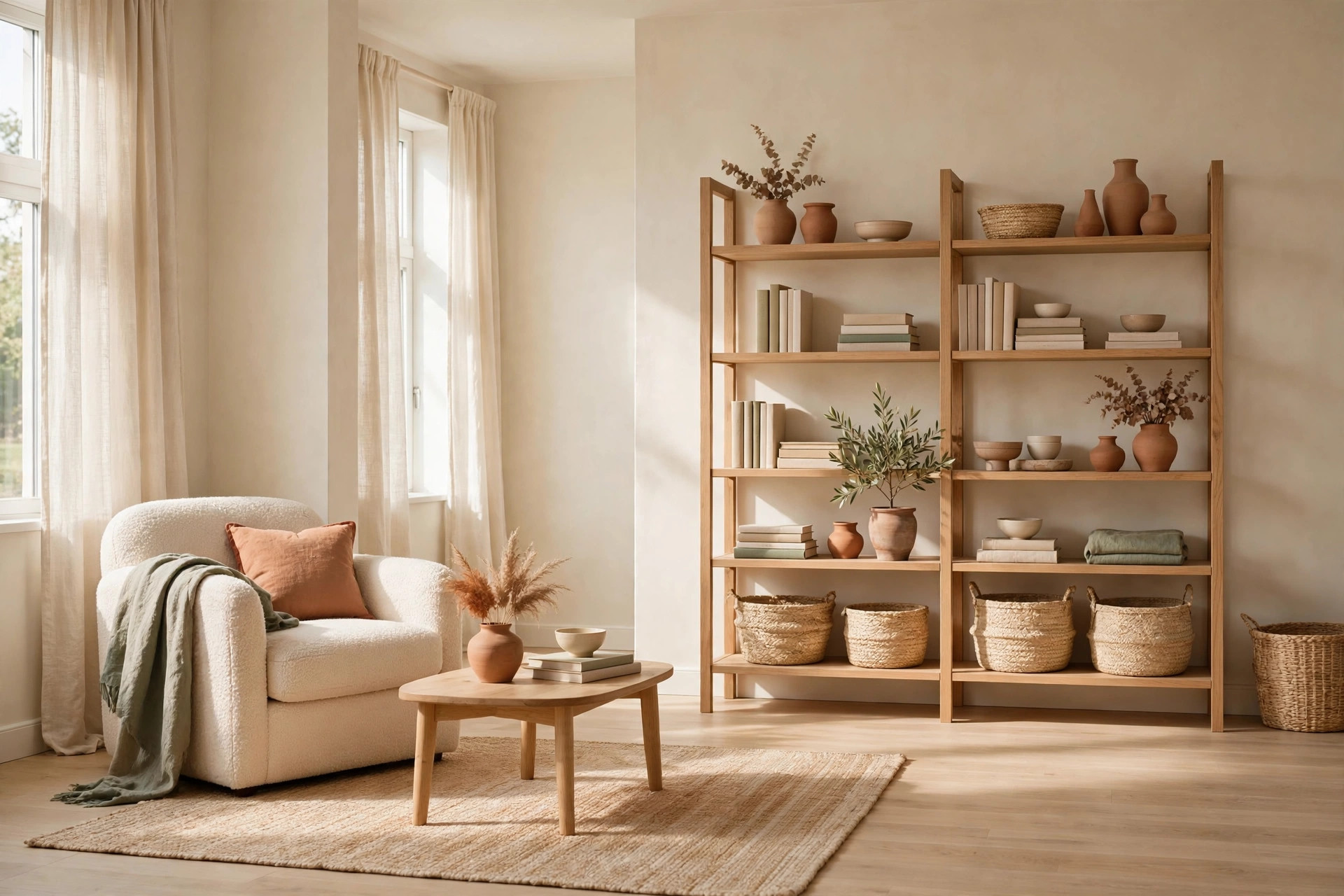 Sunlit minimalist Scandinavian studio apartment with a light linen sofa, warm oak open shelves displaying speckled ceramic bowls and olive branches, integrated kitchen with fluted wooden cabinetry, natural jute rug on pale ash timber flooring, warm gentle morning light, calm architectural interior photography