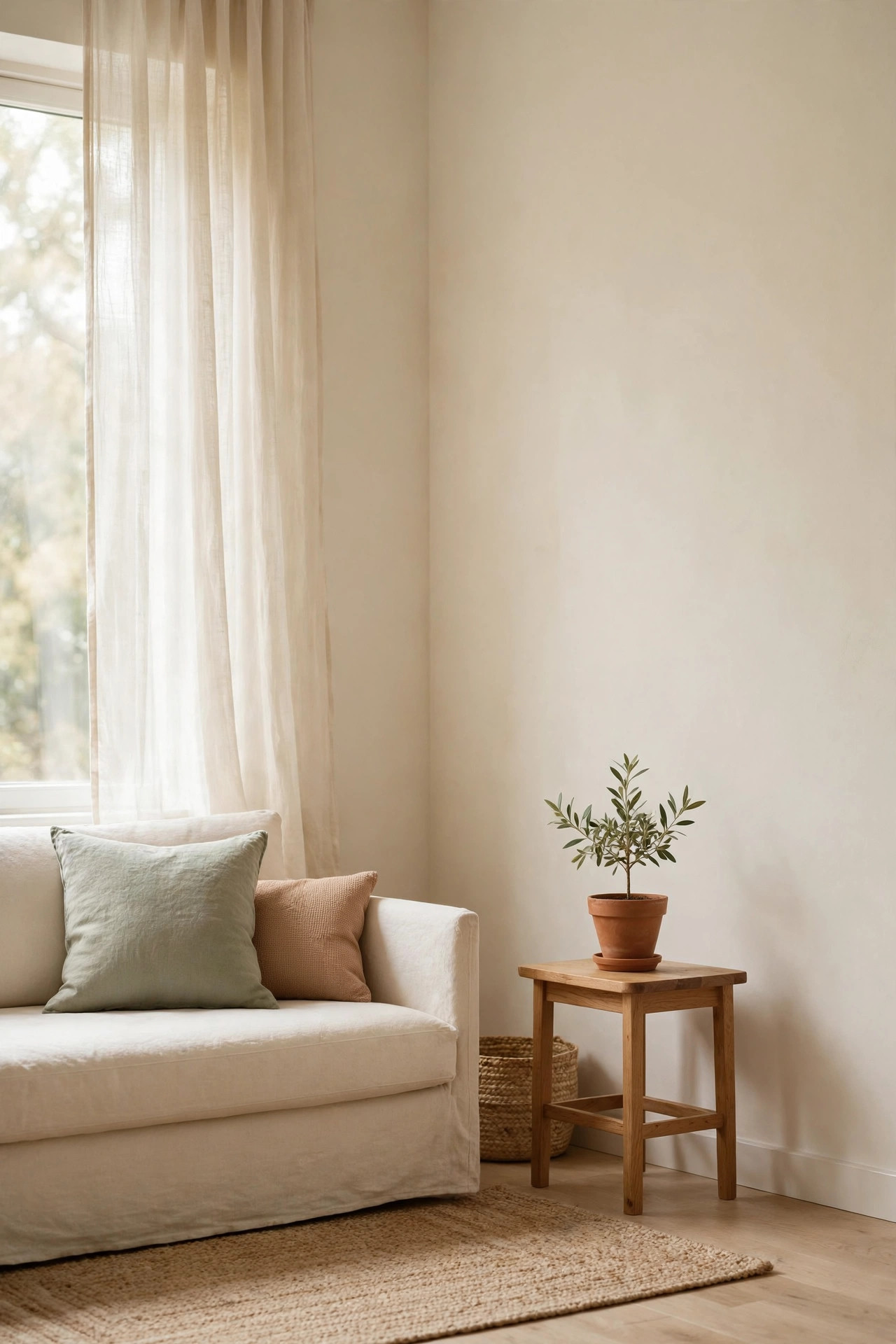 Calm minimalist room with clear surfaces and natural light