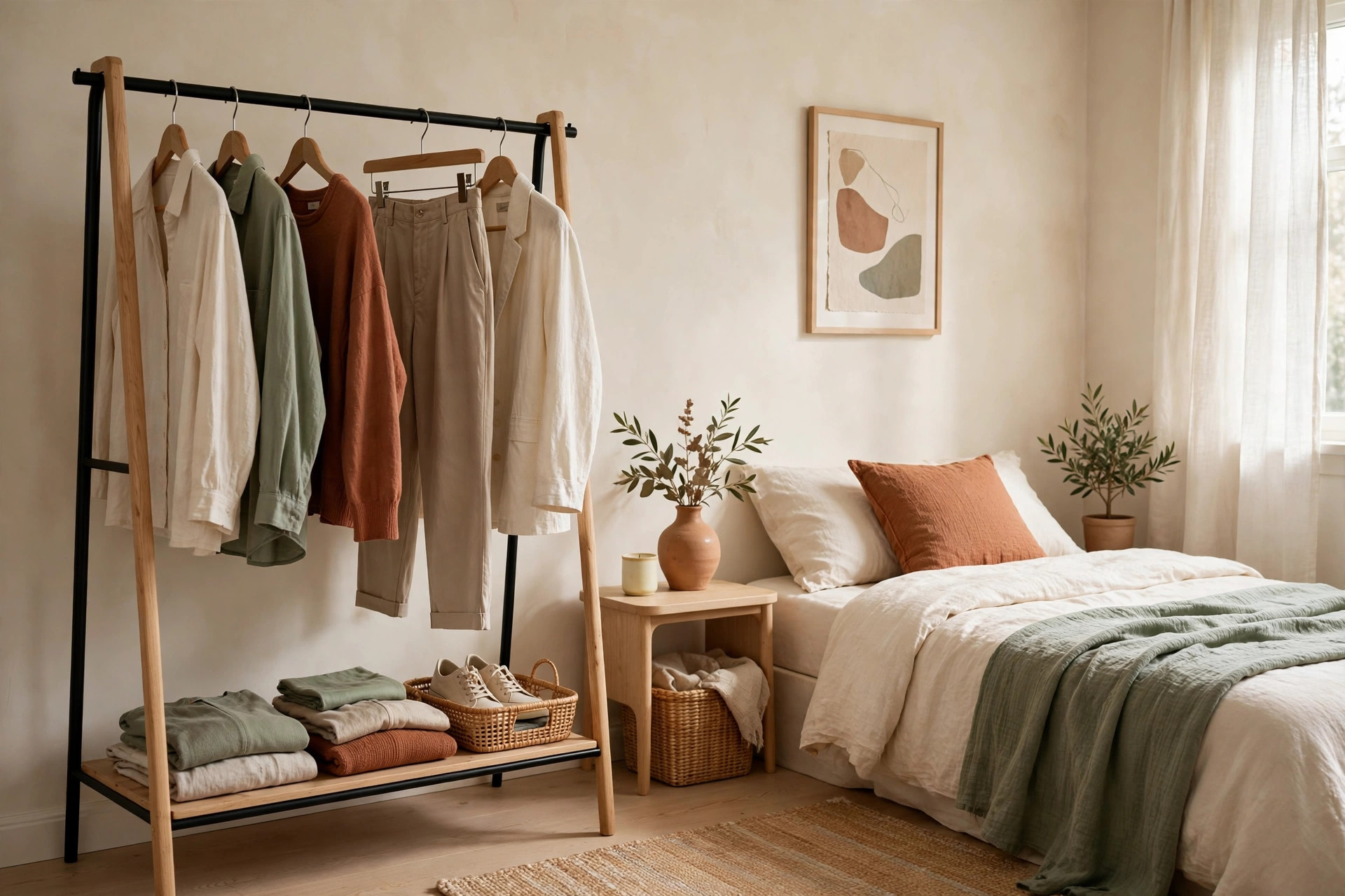 Open clothing rack styled intentionally with matching hangers and color-sorted clothes in a small bedroom