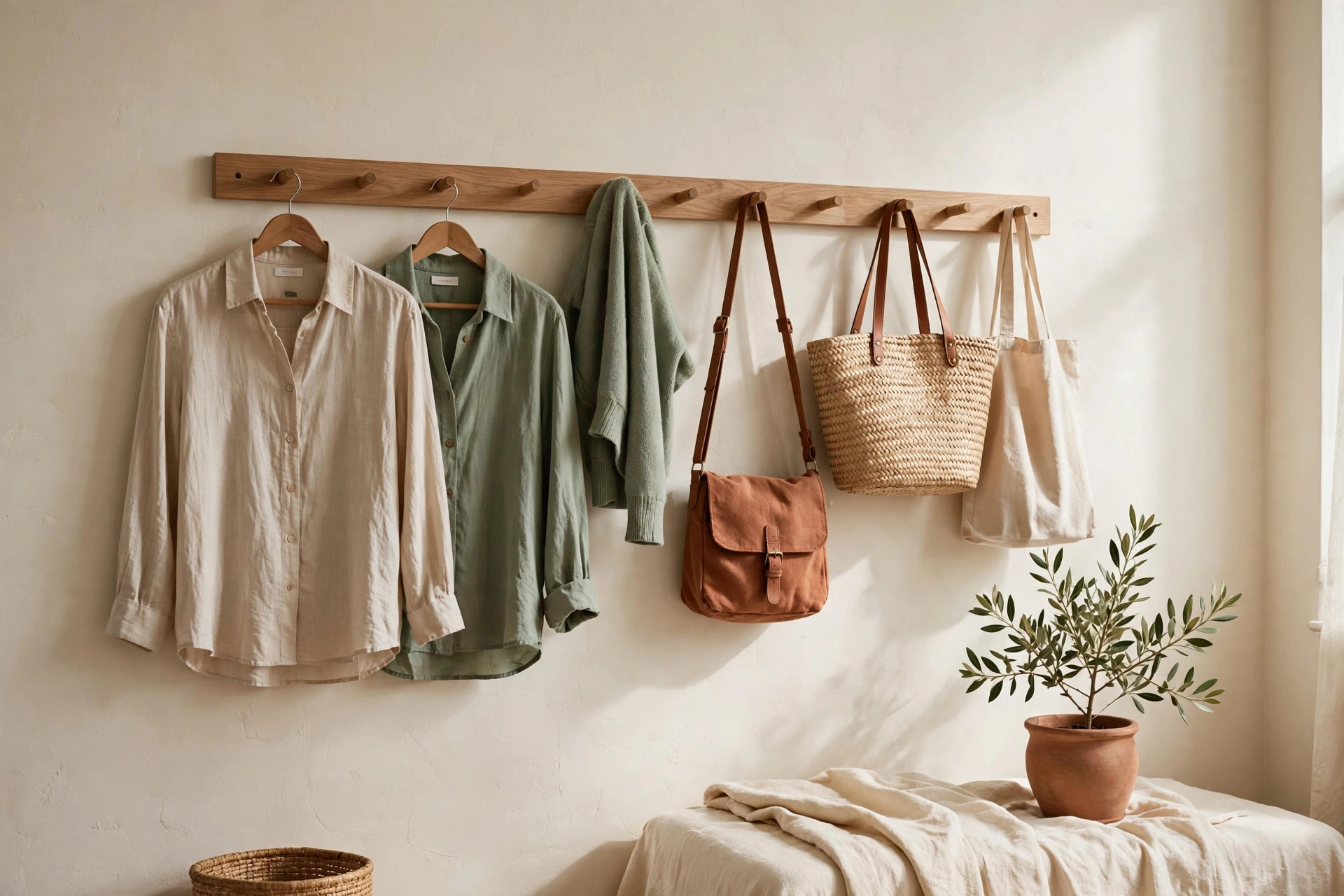 Over-door storage organizer with hooks and pockets on a bedroom door, tidy small bedroom no closet setup