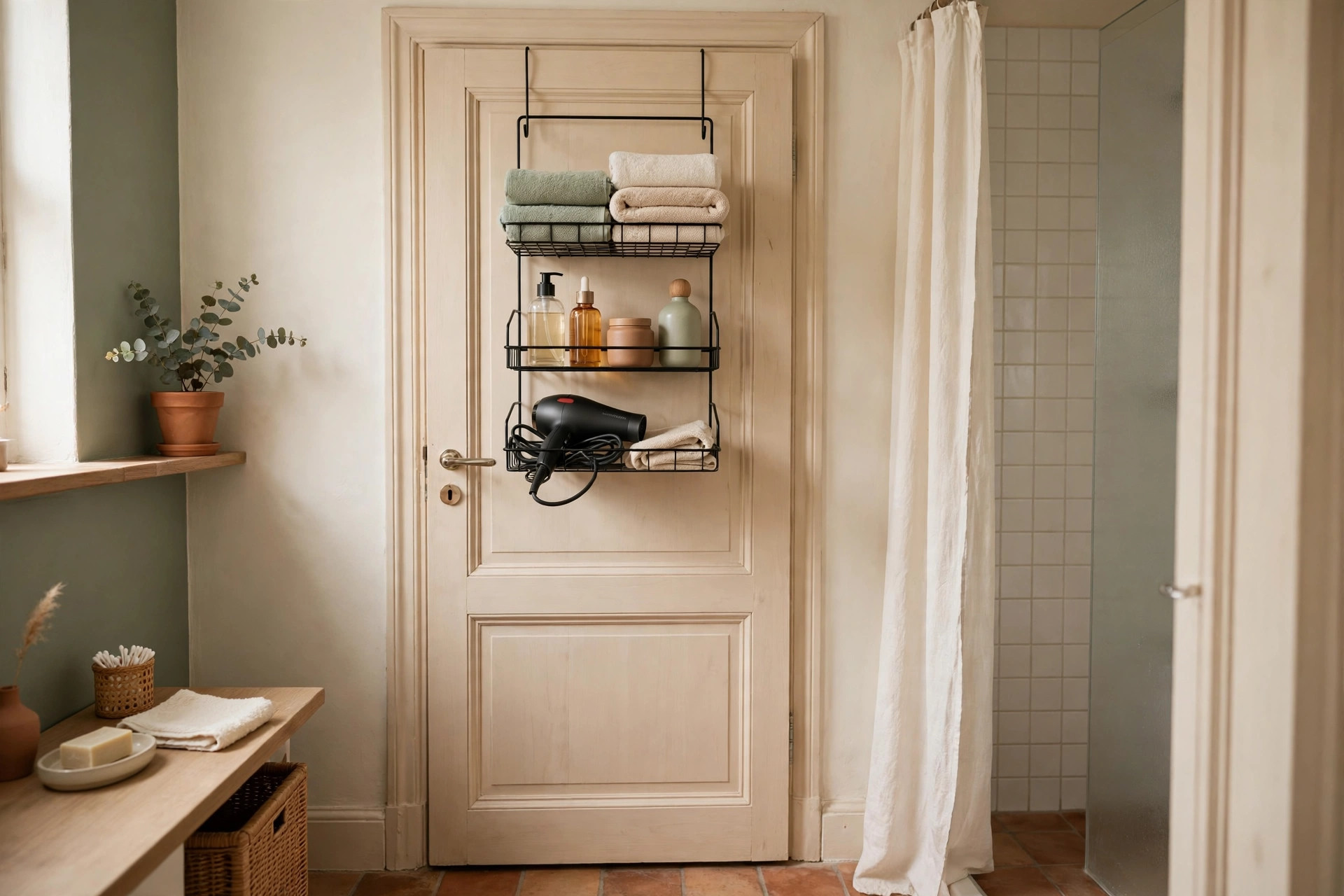 Over-the-door shoe organizer holding a dozen pairs of shoes on a bedroom door