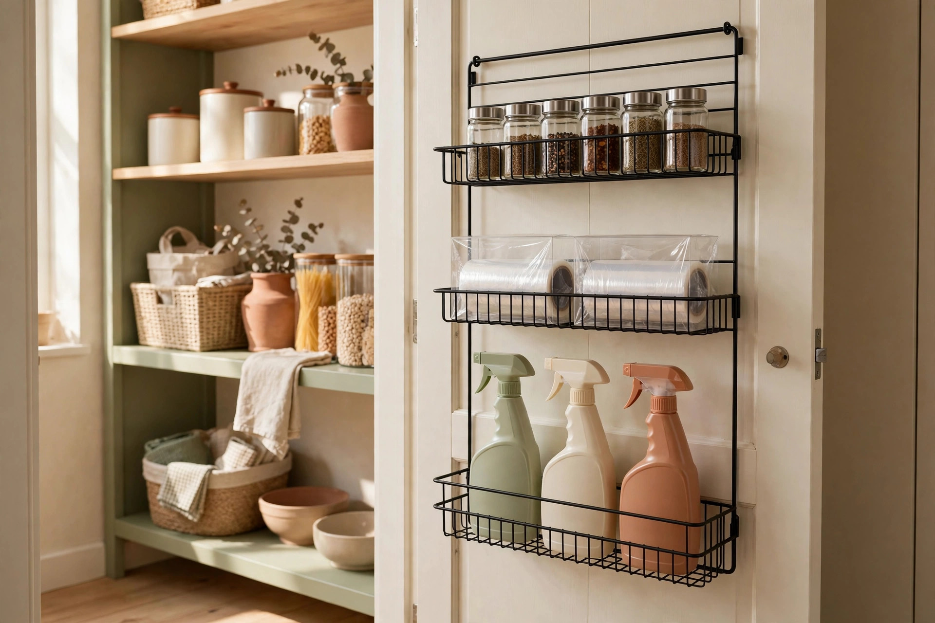 Over-the-door wire rack on a pantry door holding spice jars and kitchen wraps