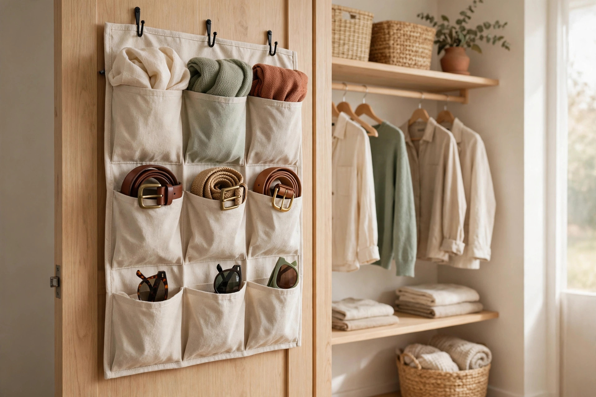 Open closet door with over-the-door jewelry organizer and accessory hooks on its inside face