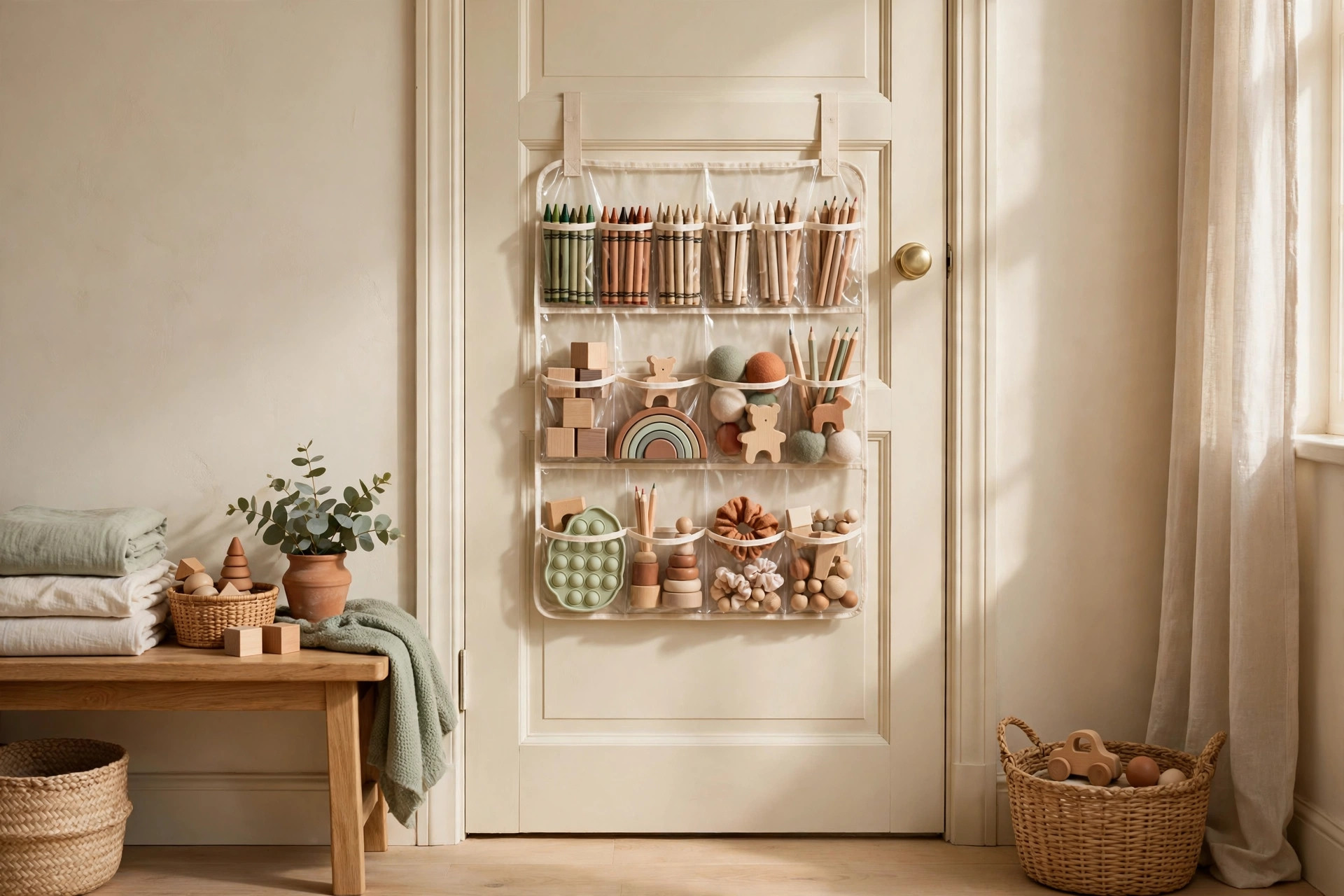Clear-pocket over-the-door organizer on a child’s bedroom door holding toys and art supplies