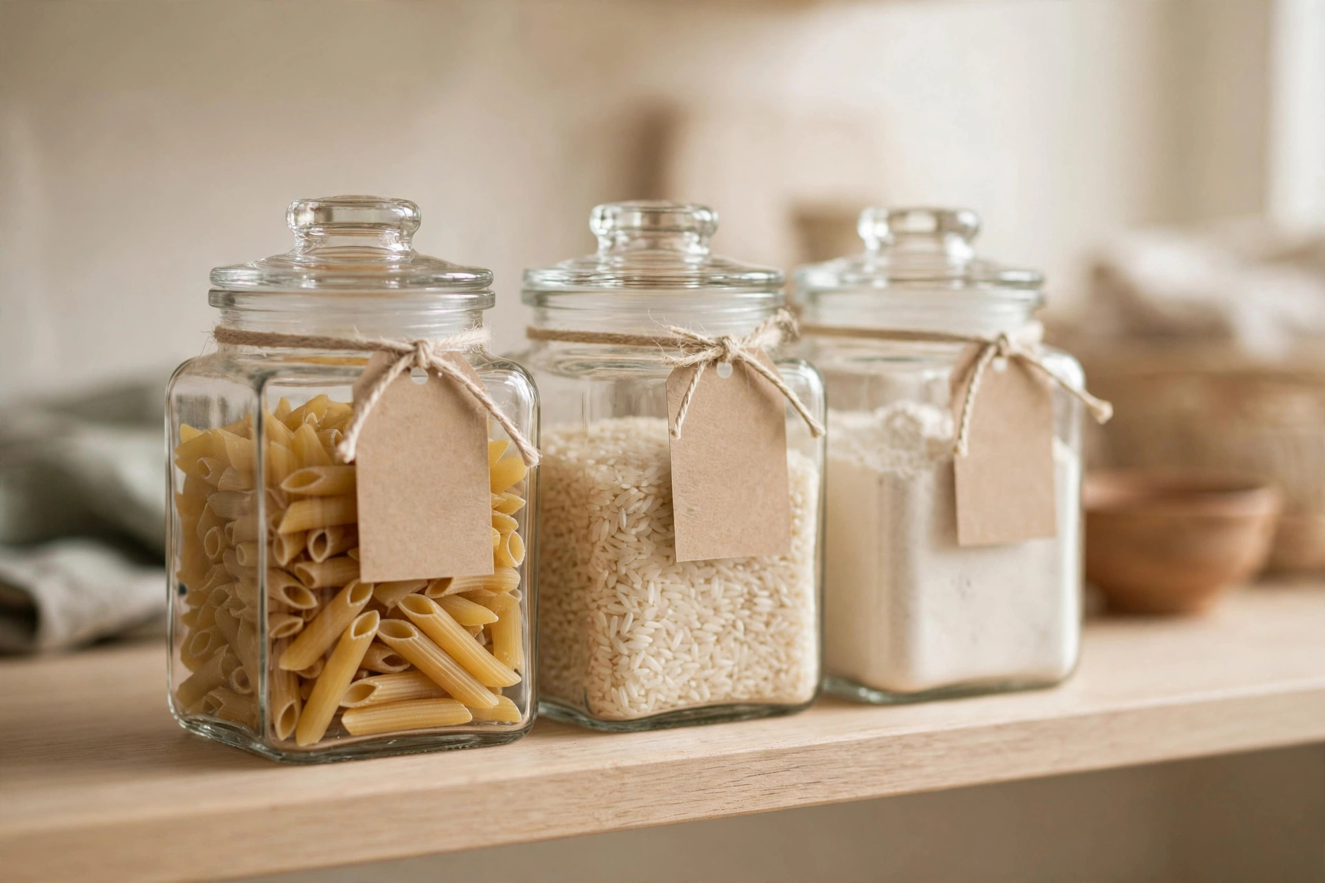 Decanted dry goods in uniform square glass containers