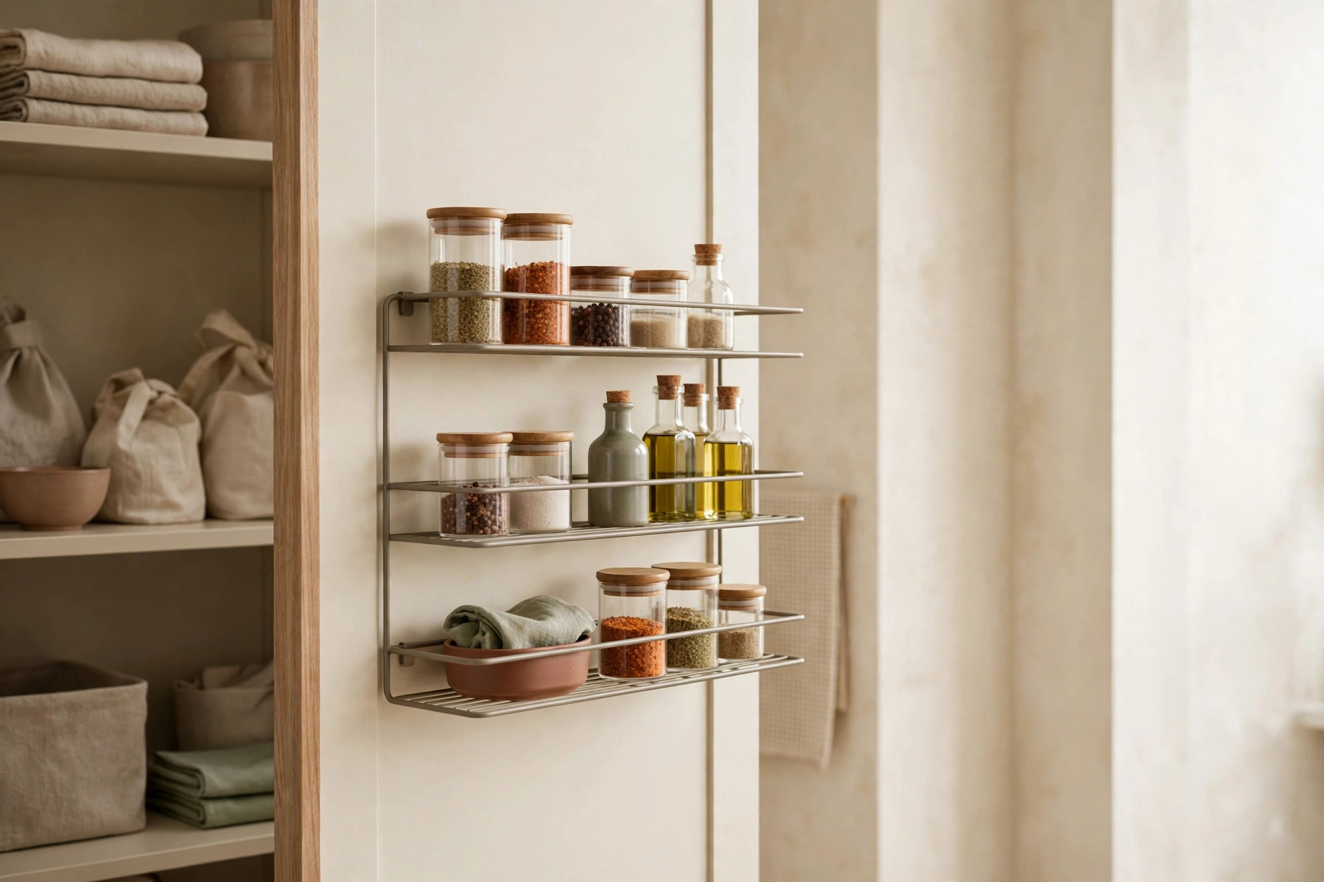 Pantry door fitted with a slim wire rack holding spice jars